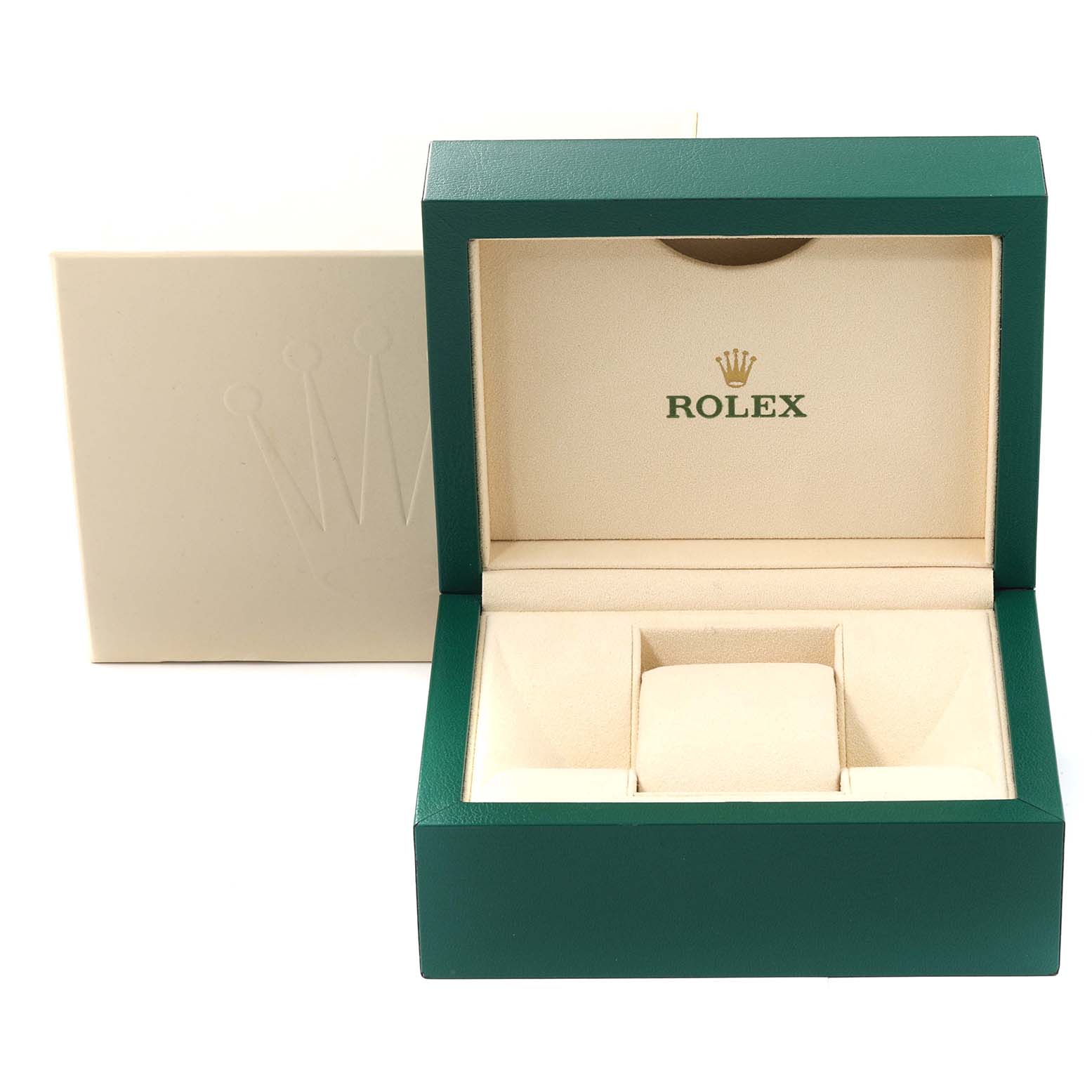 This is an open Rolex Oyster Perpetual watch box, showing the inner compartment for the watch and accessories with the Rolex logo.