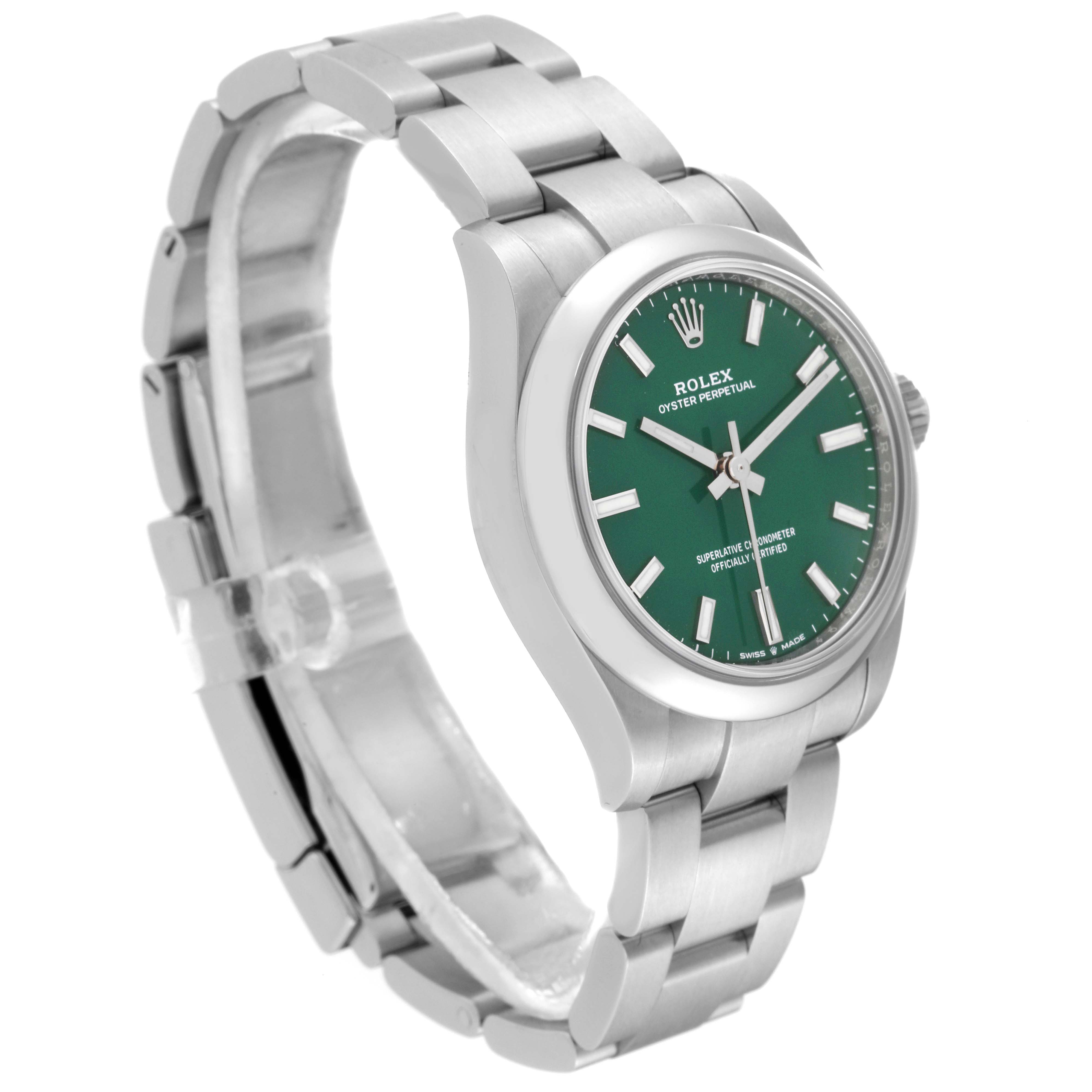 This image shows a side view of a Rolex Oyster Perpetual watch with a green dial and stainless steel bracelet.