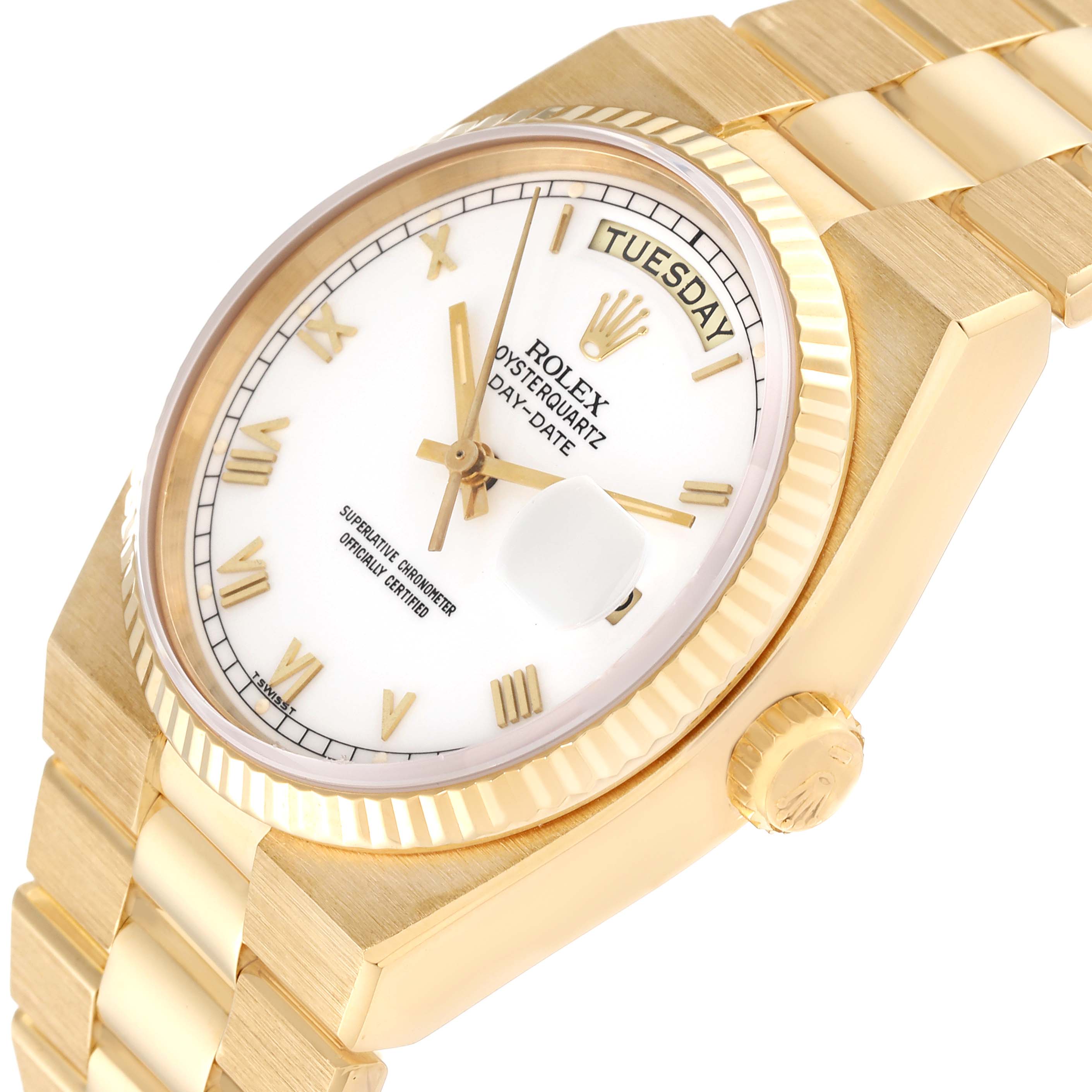 This image shows a close-up angled view of the Rolex Oysterquartz 19018 Men's Yellow Gold White Dial 19018 Men's Yellow Gold White Dial Day-Date watch, highlighting the dial, bezel, crown, and bracelet.