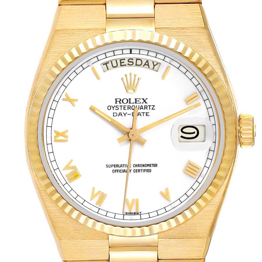 This image shows a frontal view of the Rolex Oysterquartz watch, highlighting the dial, bezel, and crown.