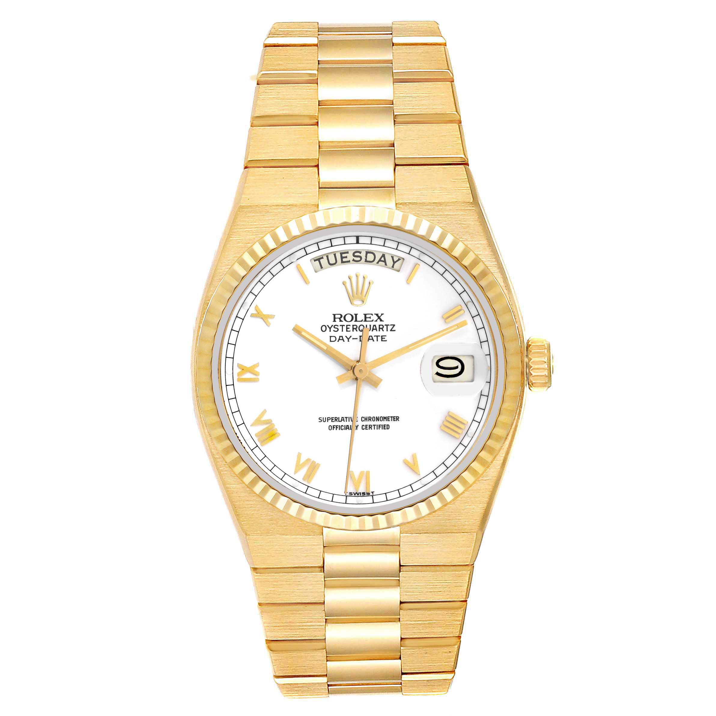 This image shows a Rolex Oysterquartz 19018 Men's Yellow Gold White Dial 19018 Men's Yellow Gold White Dial watch from a front angle, displaying the face, bezel, and bracelet.