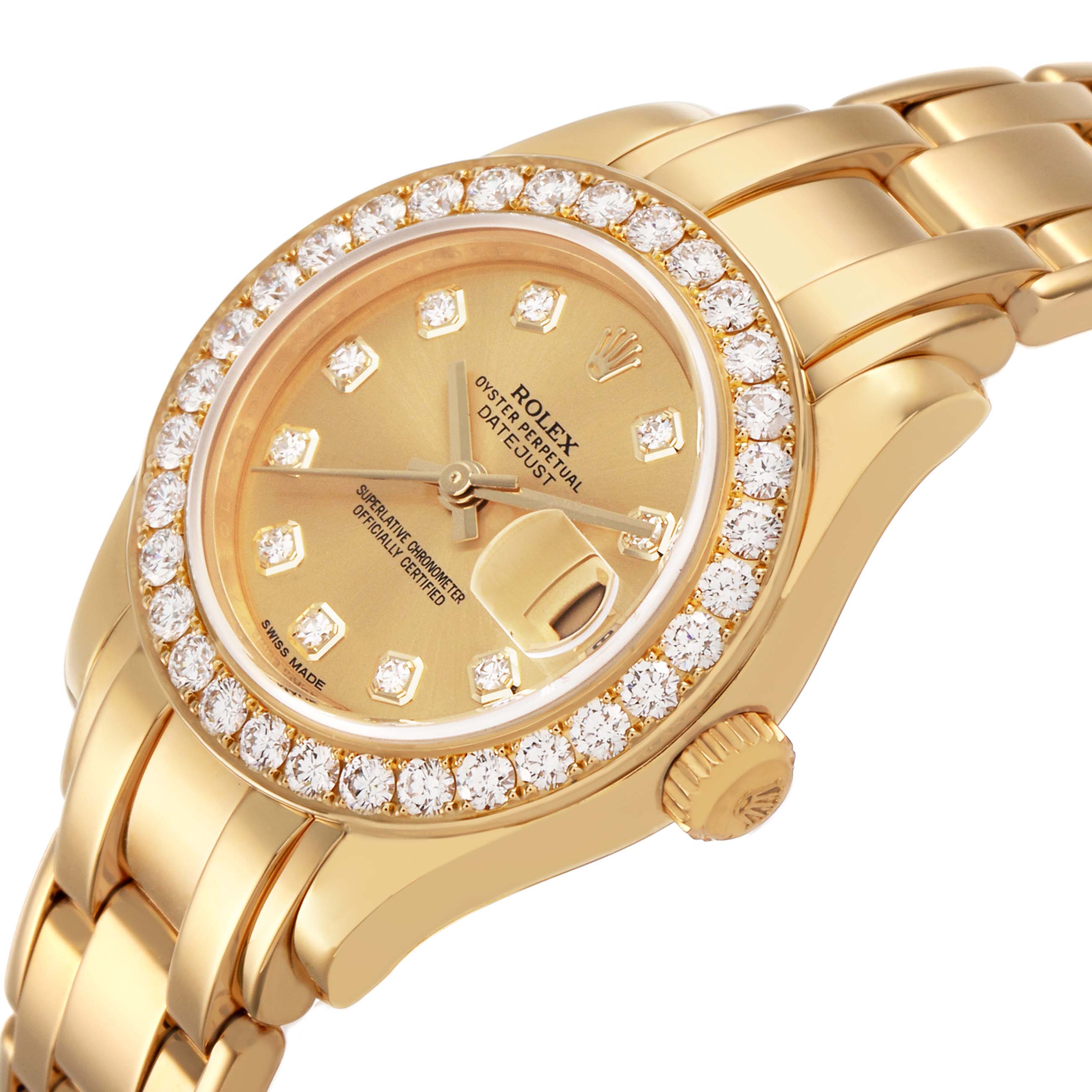 The Rolex Pearlmaster 80298 Women's Yellow Gold Champagne Dial watch is shown at an angle highlighting the diamond-encrusted bezel, face, crown, and part of the bracelet.