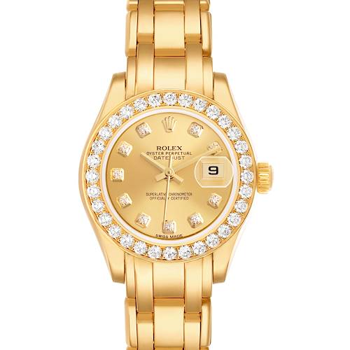 The Rolex Pearlmaster 80298 Women's Yellow Gold Champagne Dial watch is shown from a front angle, highlighting its diamond bezel, gold dial, and bracelet.