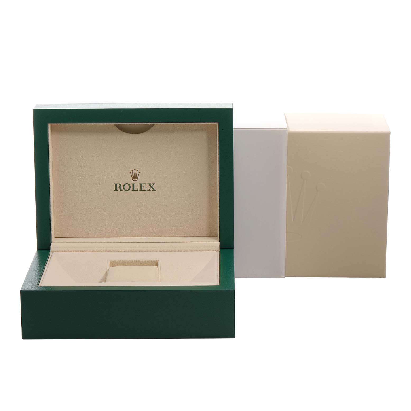 The image shows a Rolex Pearlmaster 80298 Women's Yellow Gold Champagne Dial watch box, open to display the interior with the logo visible on the lid.