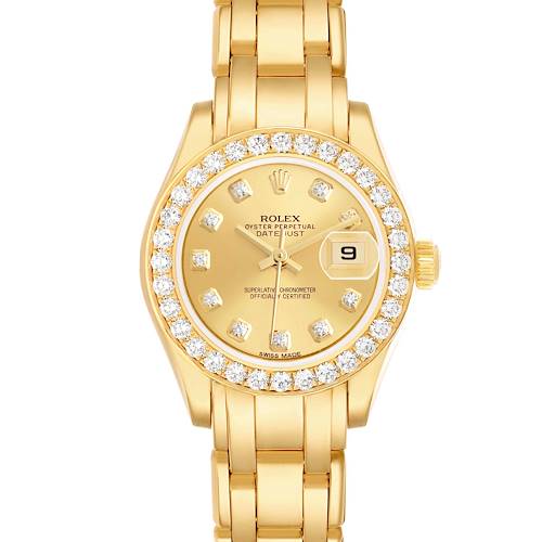 The Rolex Pearlmaster 80298 Women's Yellow Gold Champagne Dial watch is shown from a top view, highlighting its gold bracelet and diamond-studded bezel.