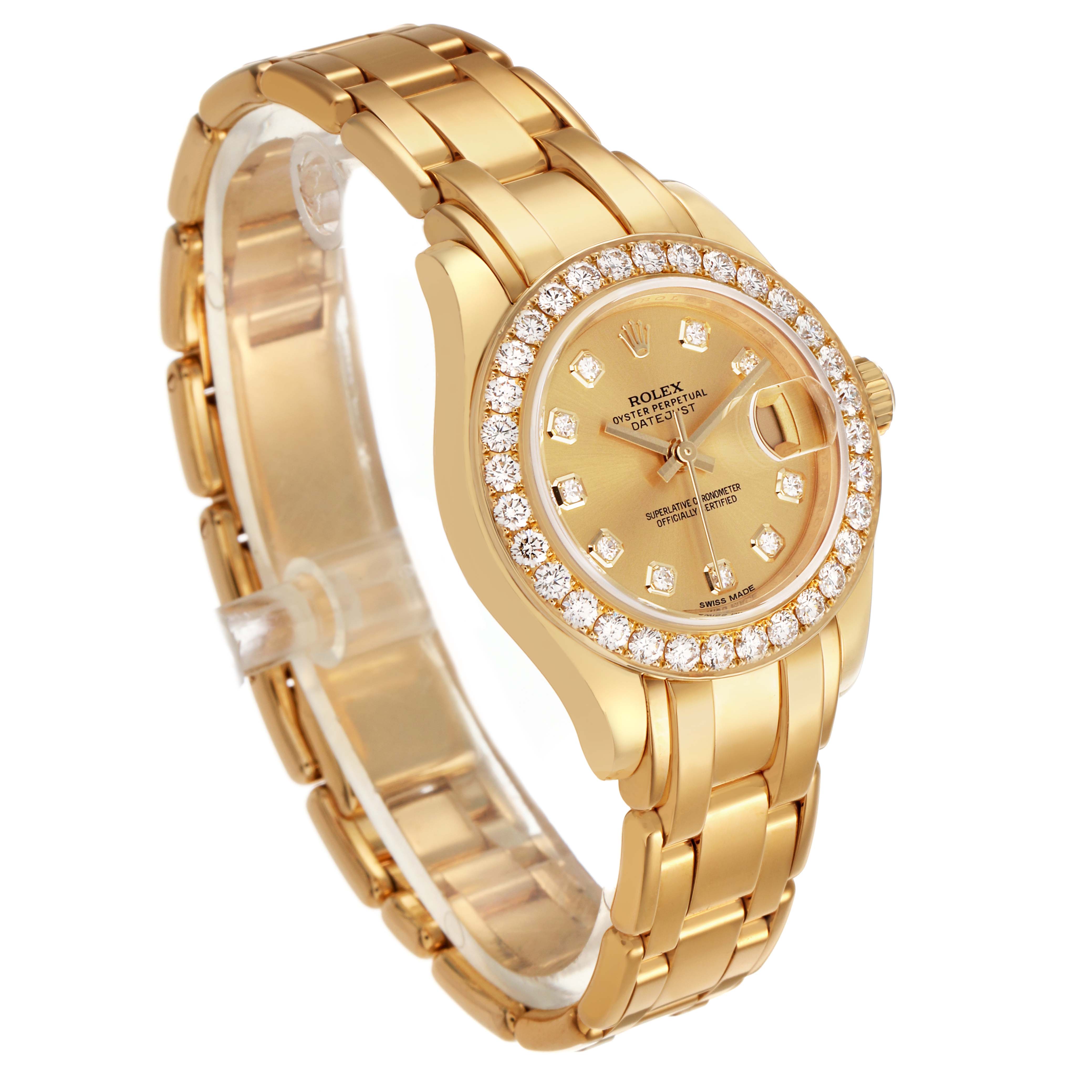 The Rolex Pearlmaster 80298 Women's Yellow Gold Champagne Dial watch is shown at a three-quarter angle, highlighting the diamond bezel, dial, and gold bracelet.