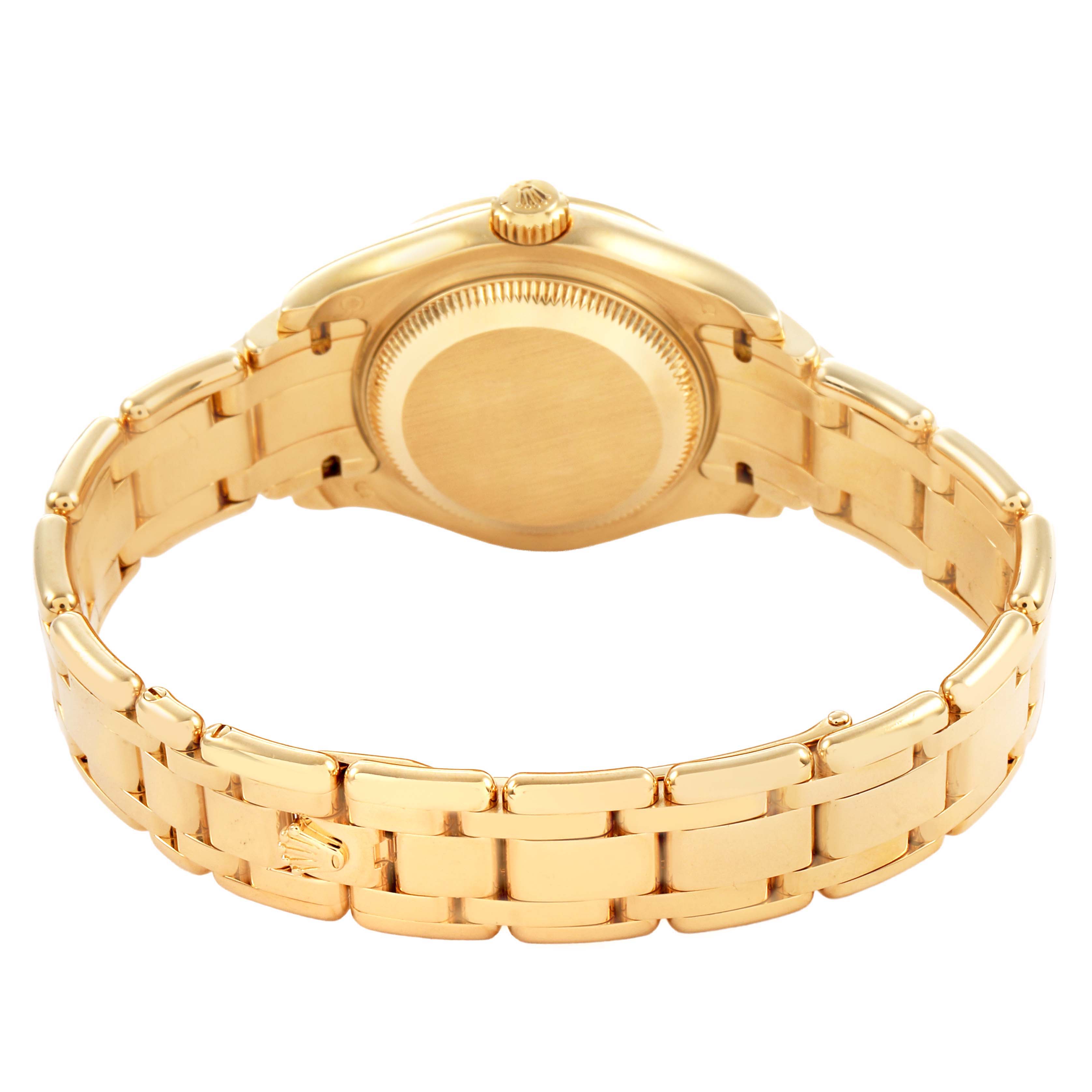 The image shows the back and bracelet of the Rolex Pearlmaster 80298 Women's Yellow Gold Champagne Dial watch in a slightly elevated angle.