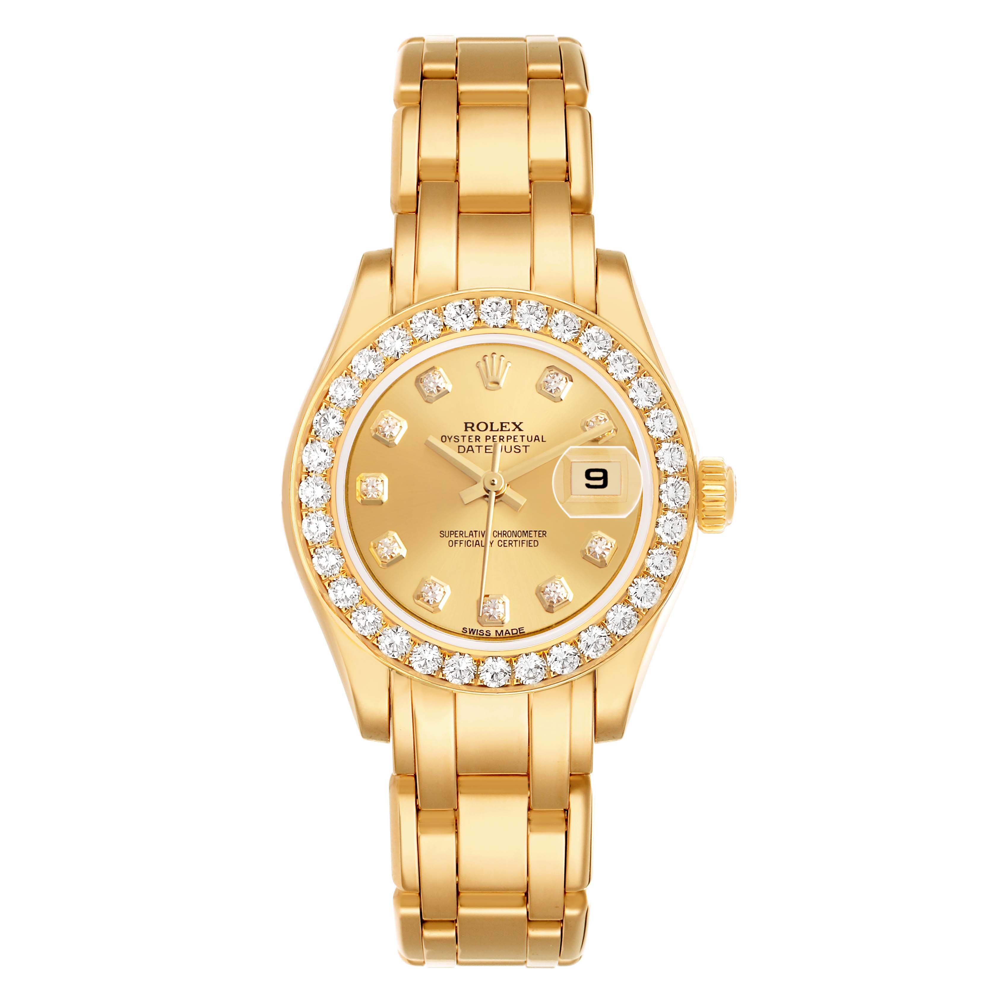 The Rolex Pearlmaster 80298 Women's Yellow Gold Champagne Dial is shown from the front, displaying its gold bracelet and diamond-set bezel.