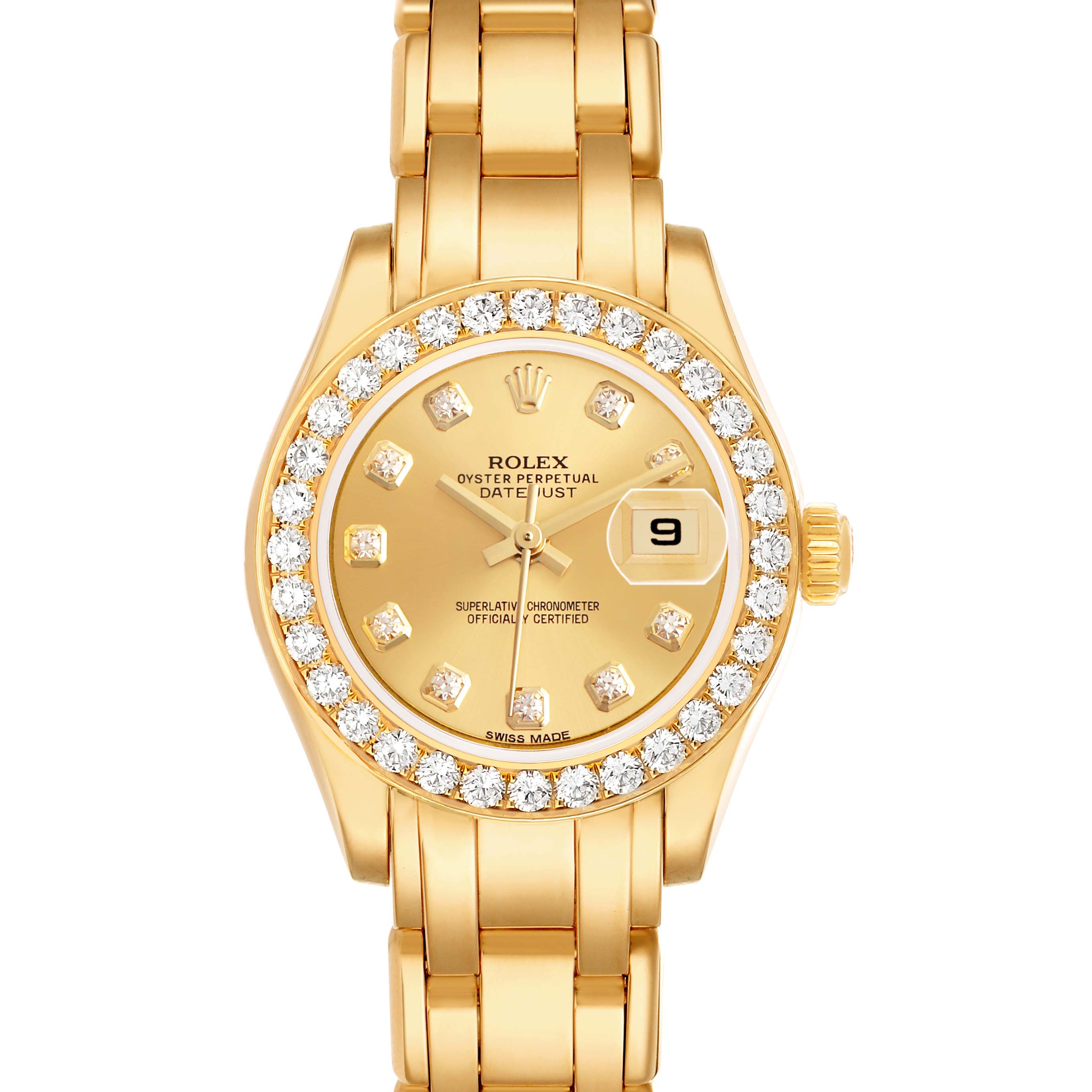 The Rolex Pearlmaster 80298 Women's Yellow Gold Champagne Dial watch is shown from a top-down angle, highlighting the gold bracelet, diamond-set bezel, and champagne dial.