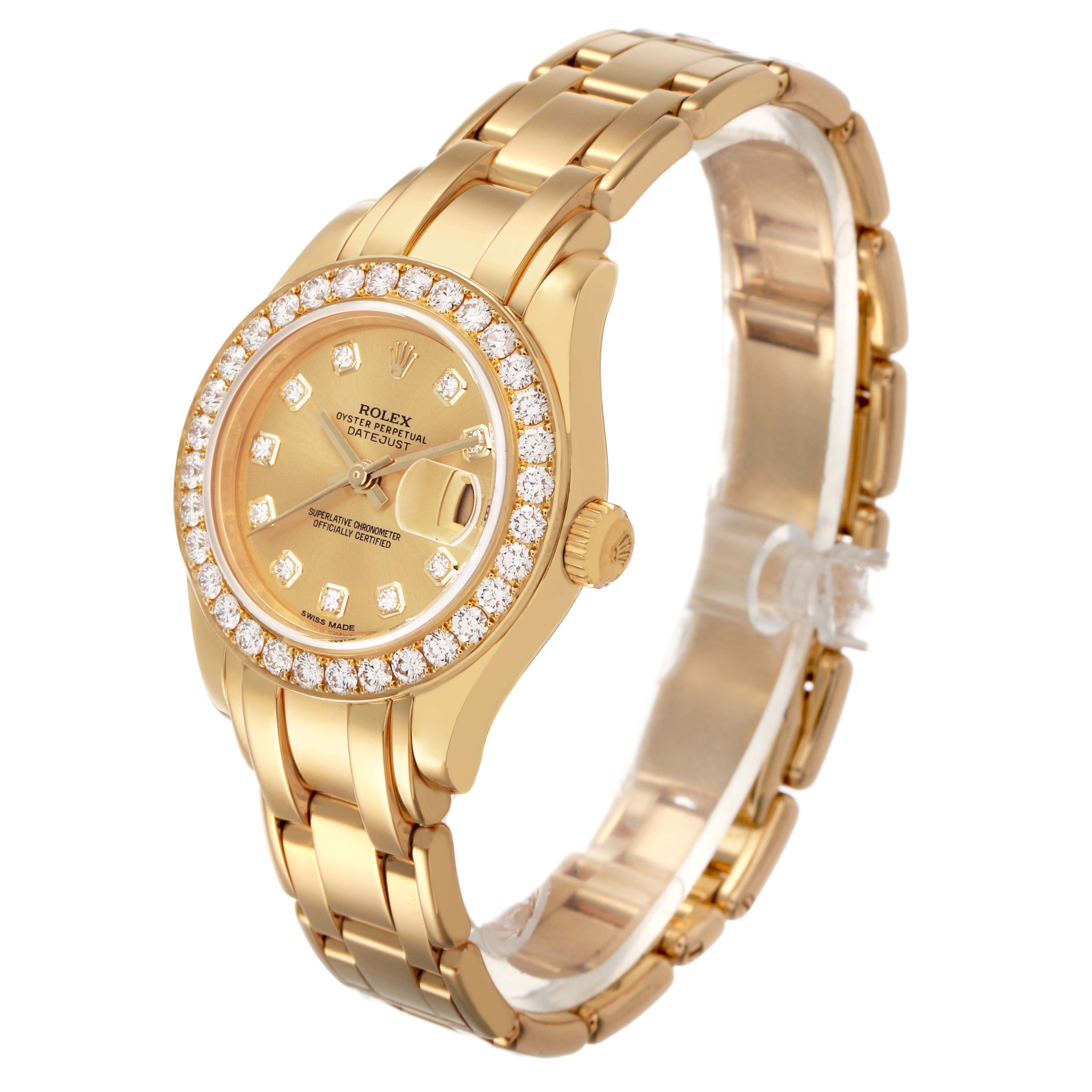 The Rolex Pearlmaster 80298 Women's Yellow Gold Champagne Dial watch is shown at a three-quarter angle, displaying its diamond-studded bezel, dial, and bracelet.