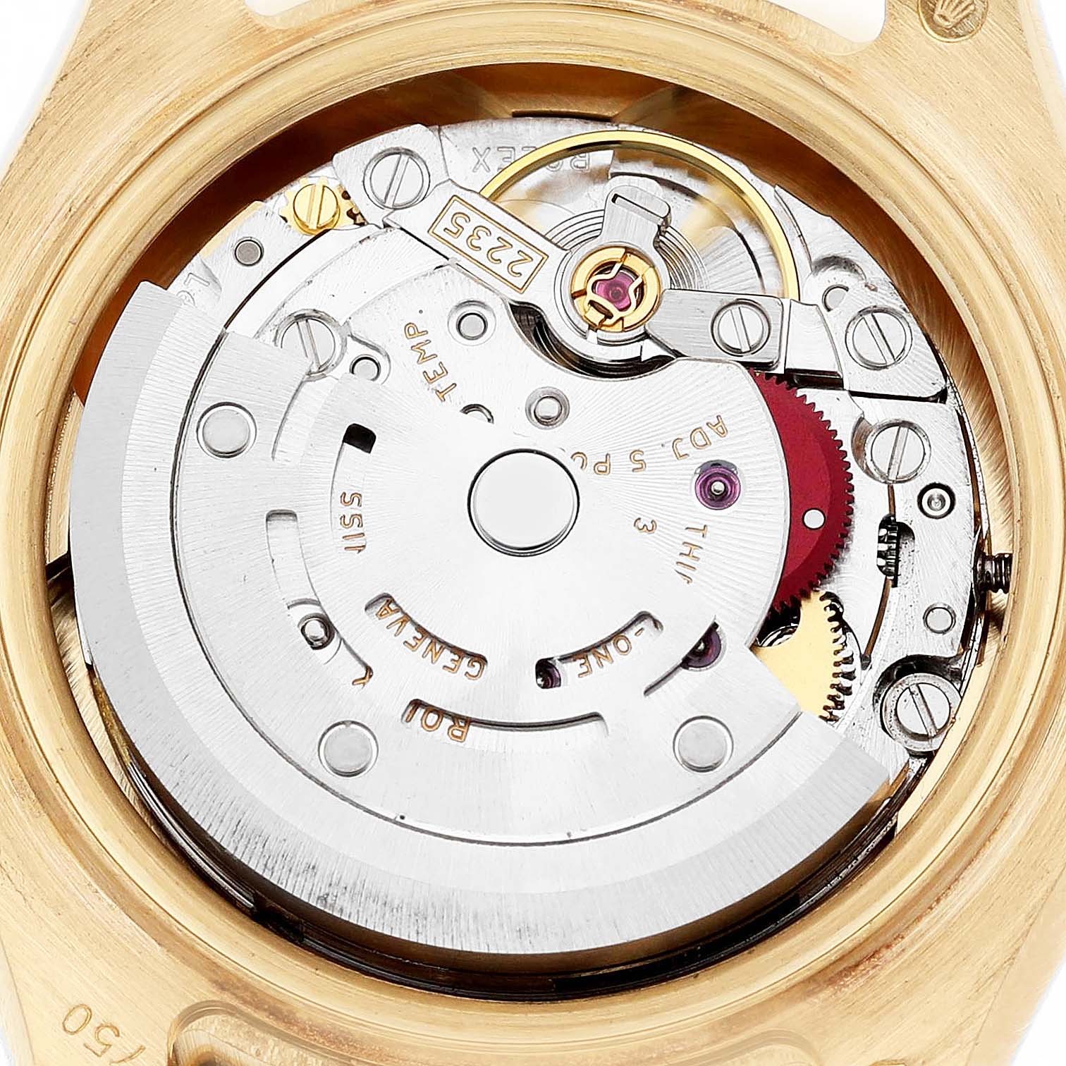 The image shows the movement mechanics of a Rolex Pearlmaster 80298 Women's Yellow Gold Champagne Dial watch, viewed from the back, highlighting gears and rotor.