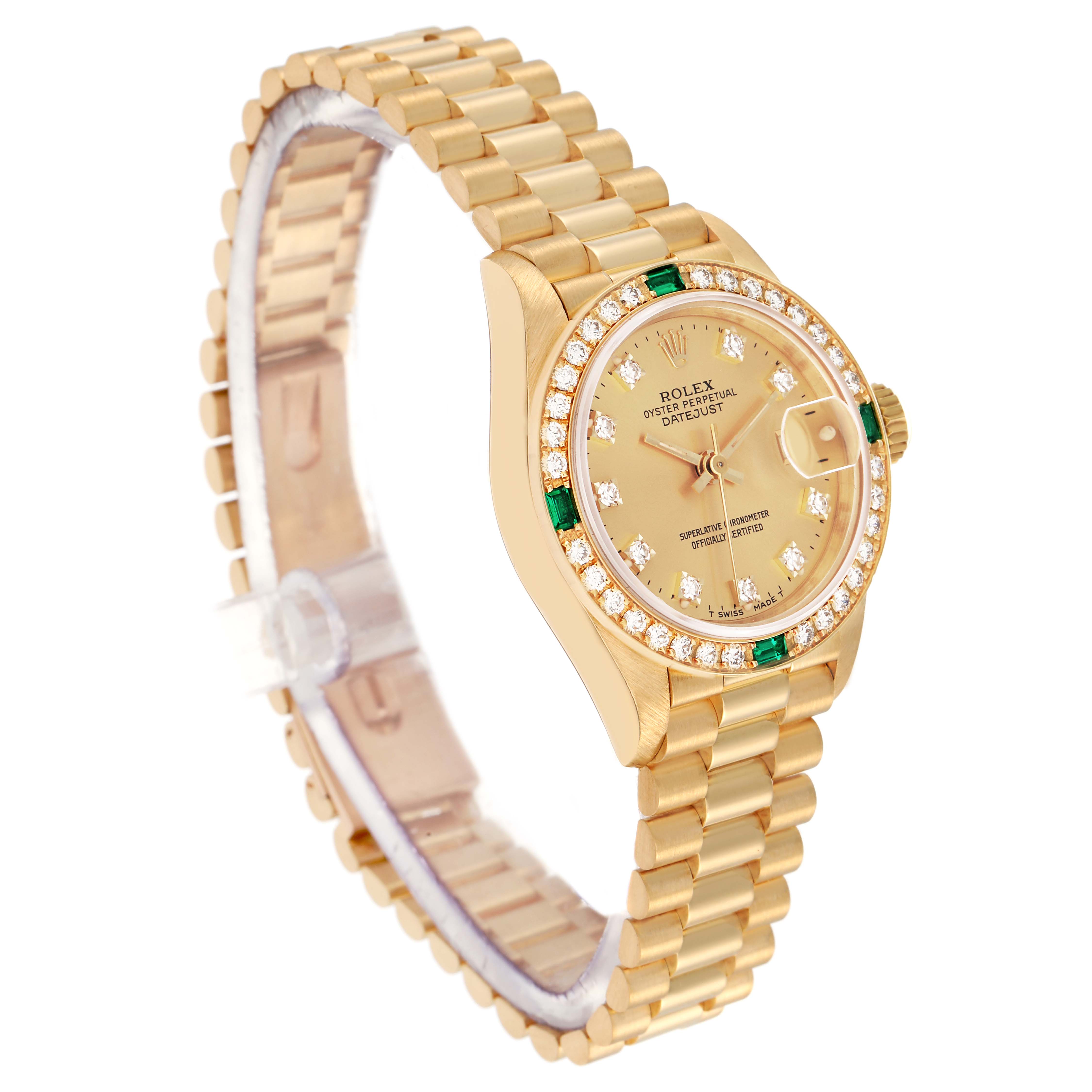 The Rolex President 69078 Women
s Yellow Gold Champagne Dial model is shown at a three-quarter angle, revealing the dial, diamond bezel, and bracelet.