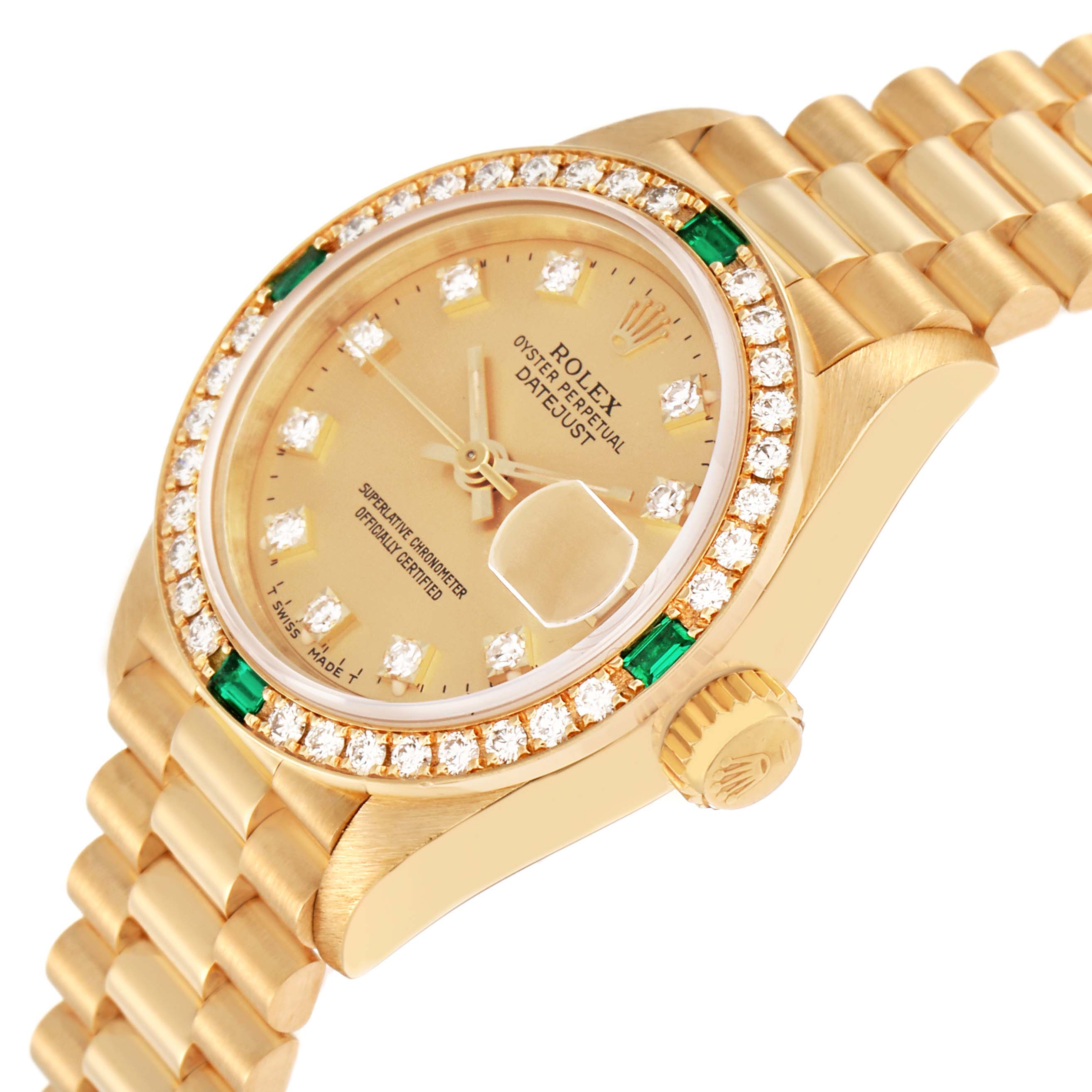 The Rolex President 69078 Women
s Yellow Gold Champagne Dial model is shown at an angled view highlighting the dial, bezel with diamonds, crown, and part of the bracelet.