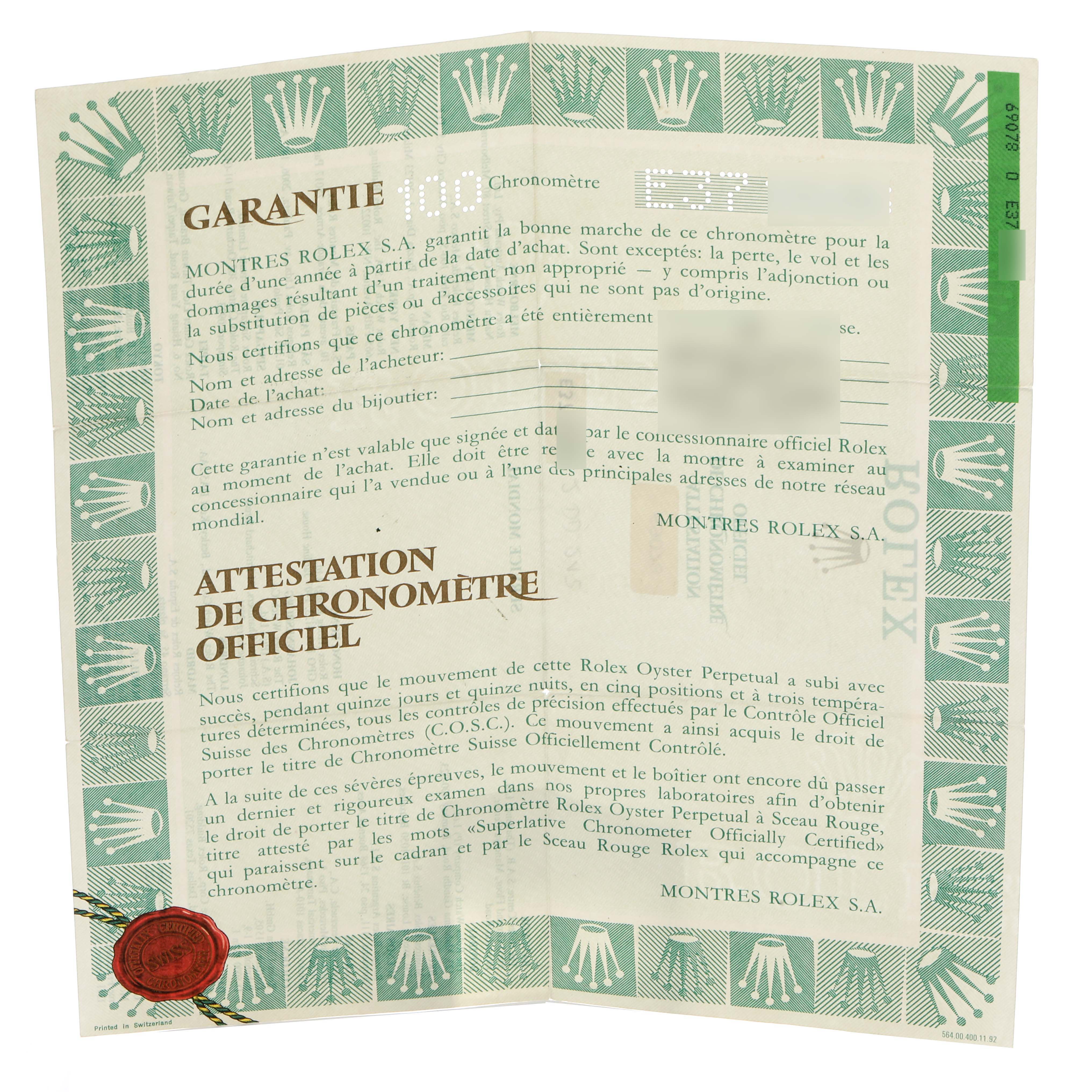 The image shows a warranty document for a Rolex President 69078 Women
s Yellow Gold Champagne Dial model with green borders and a red seal.