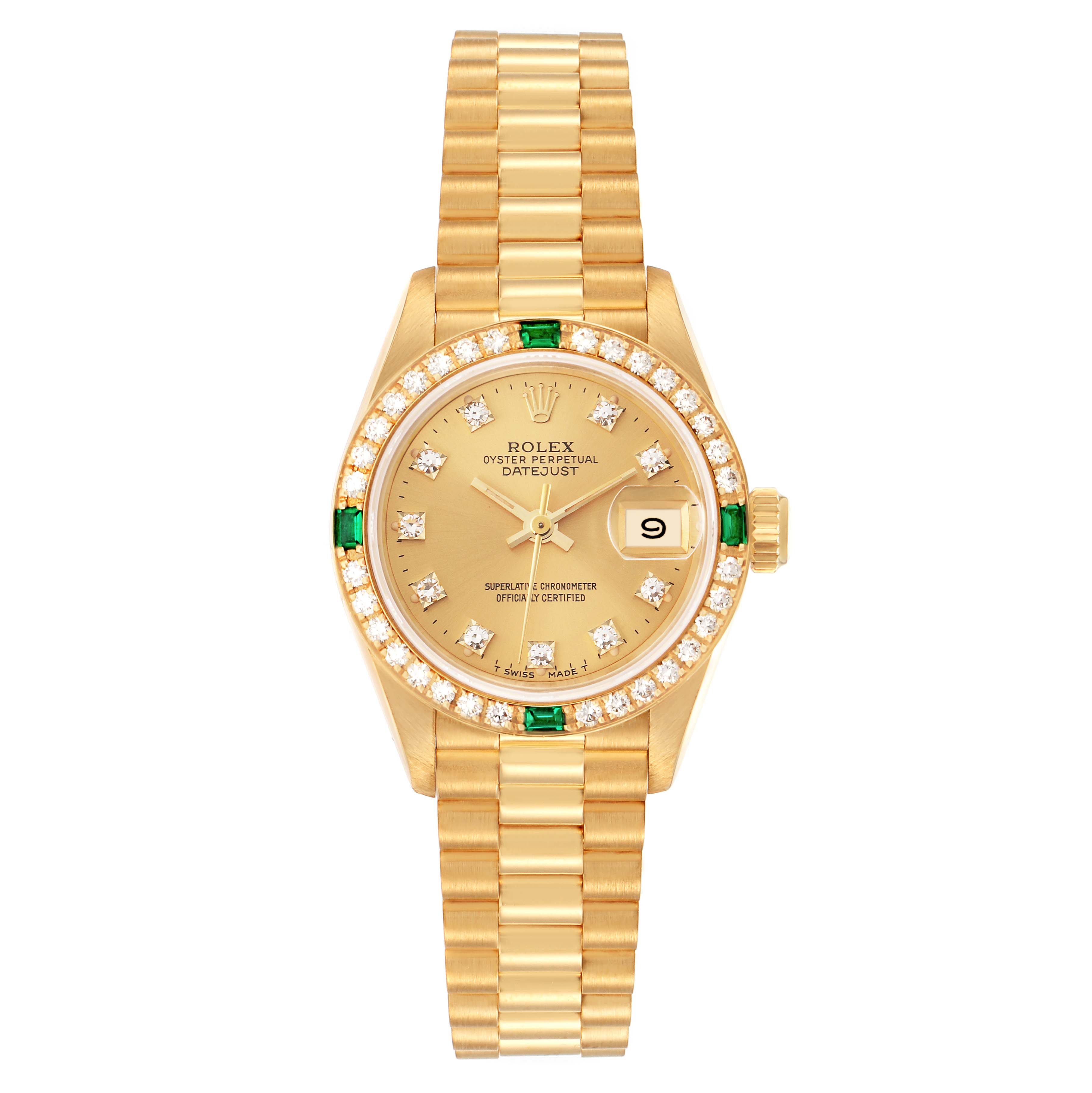 The Rolex President 69078 Women
s Yellow Gold Champagne Dial model watch is shown from the front, displaying the dial, bezel, and bracelet.