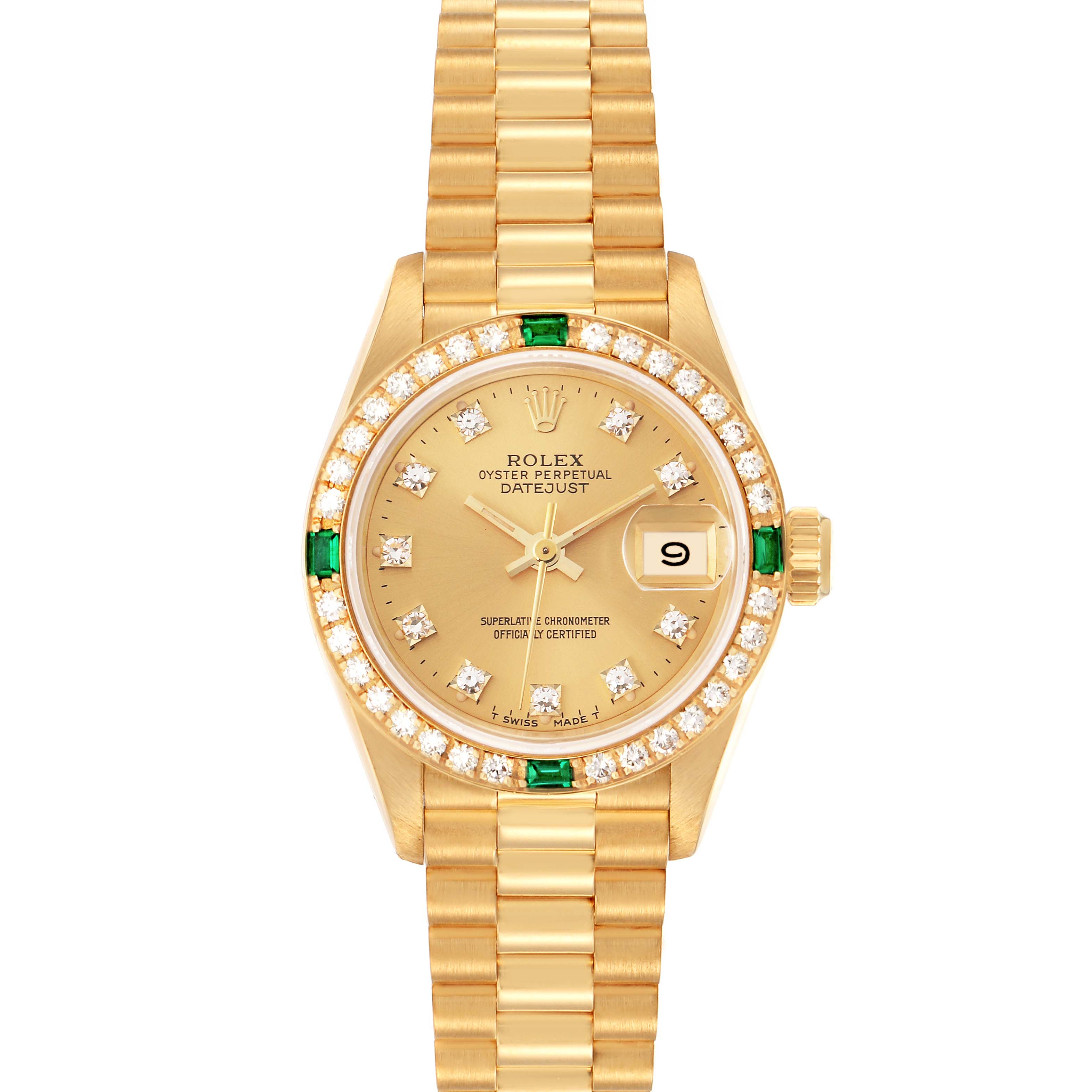 The Rolex President 69078 Women
s Yellow Gold Champagne Dial model is shown from a top view, displaying its gold bracelet, diamond and emerald-set bezel, and dial with date window.