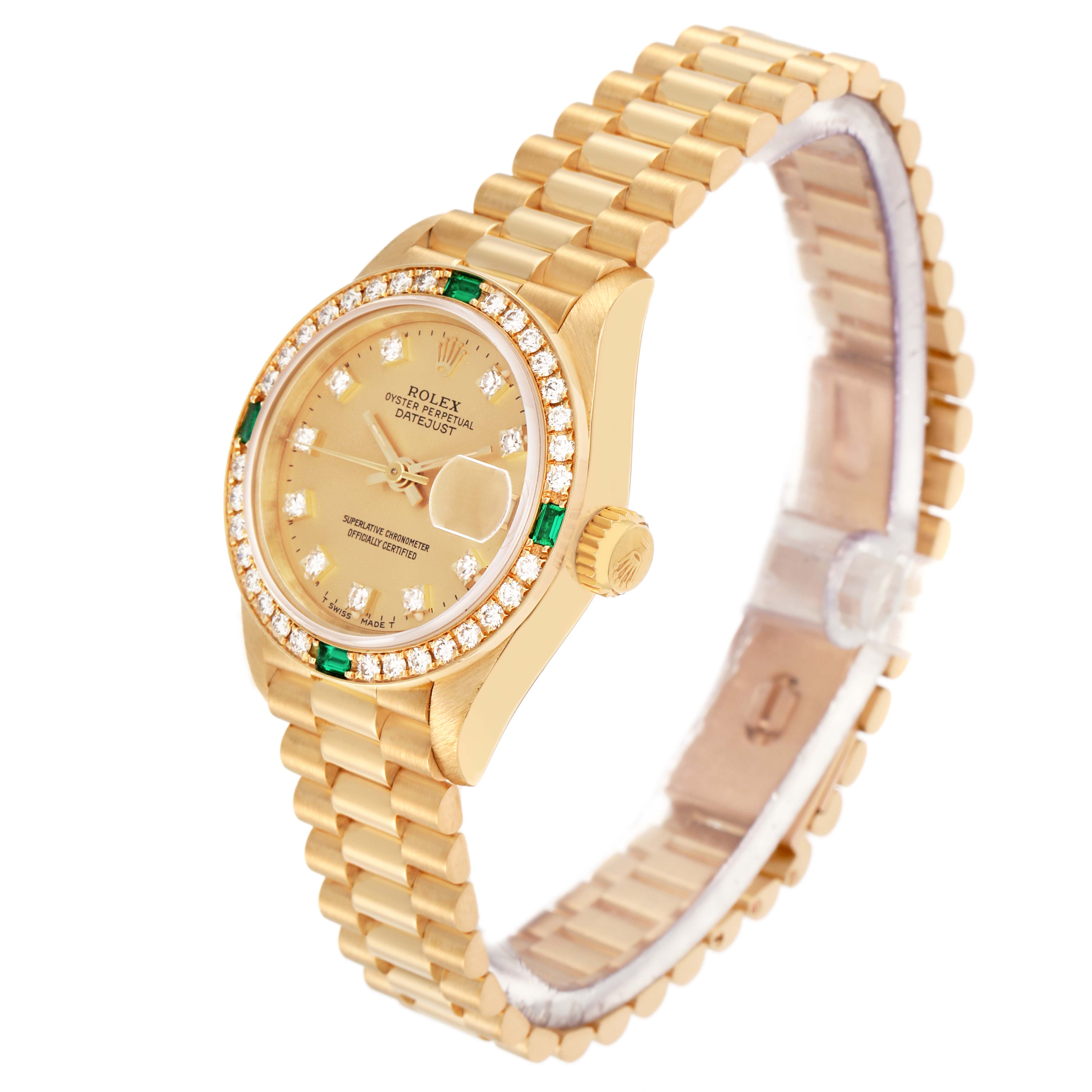 The Rolex President 69078 Women
s Yellow Gold Champagne Dial model is shown at a slight angle, displaying the face, bezel, crown, and part of the bracelet.