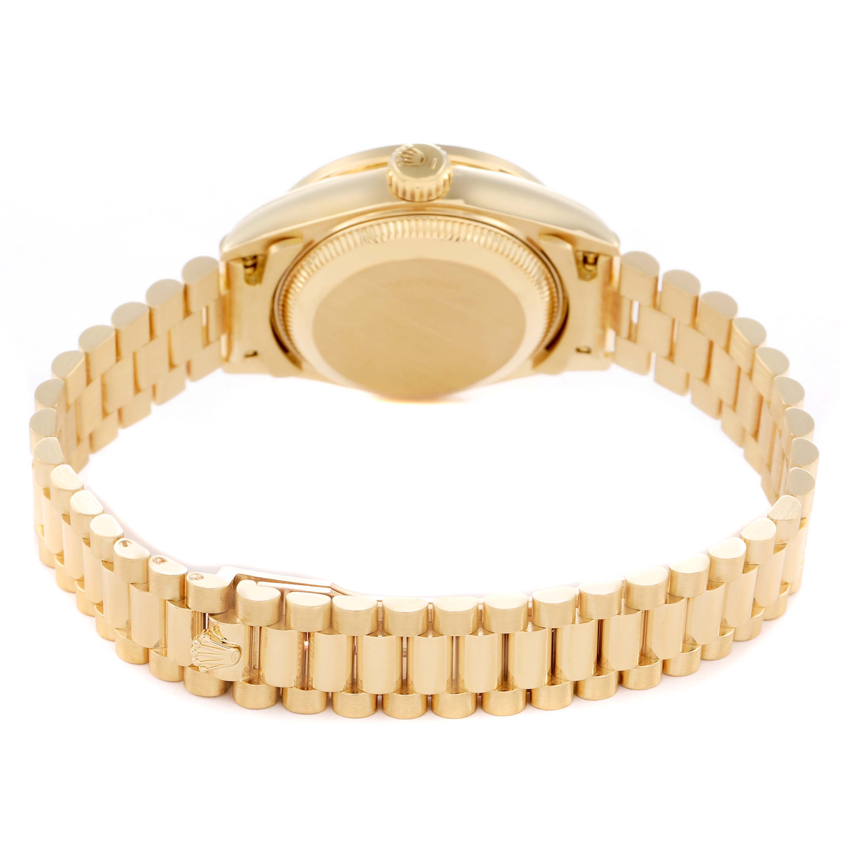 The image shows the back and side of the Rolex President 69078 Women
s Yellow Gold Champagne Dial model, highlighting its bracelet and crown.