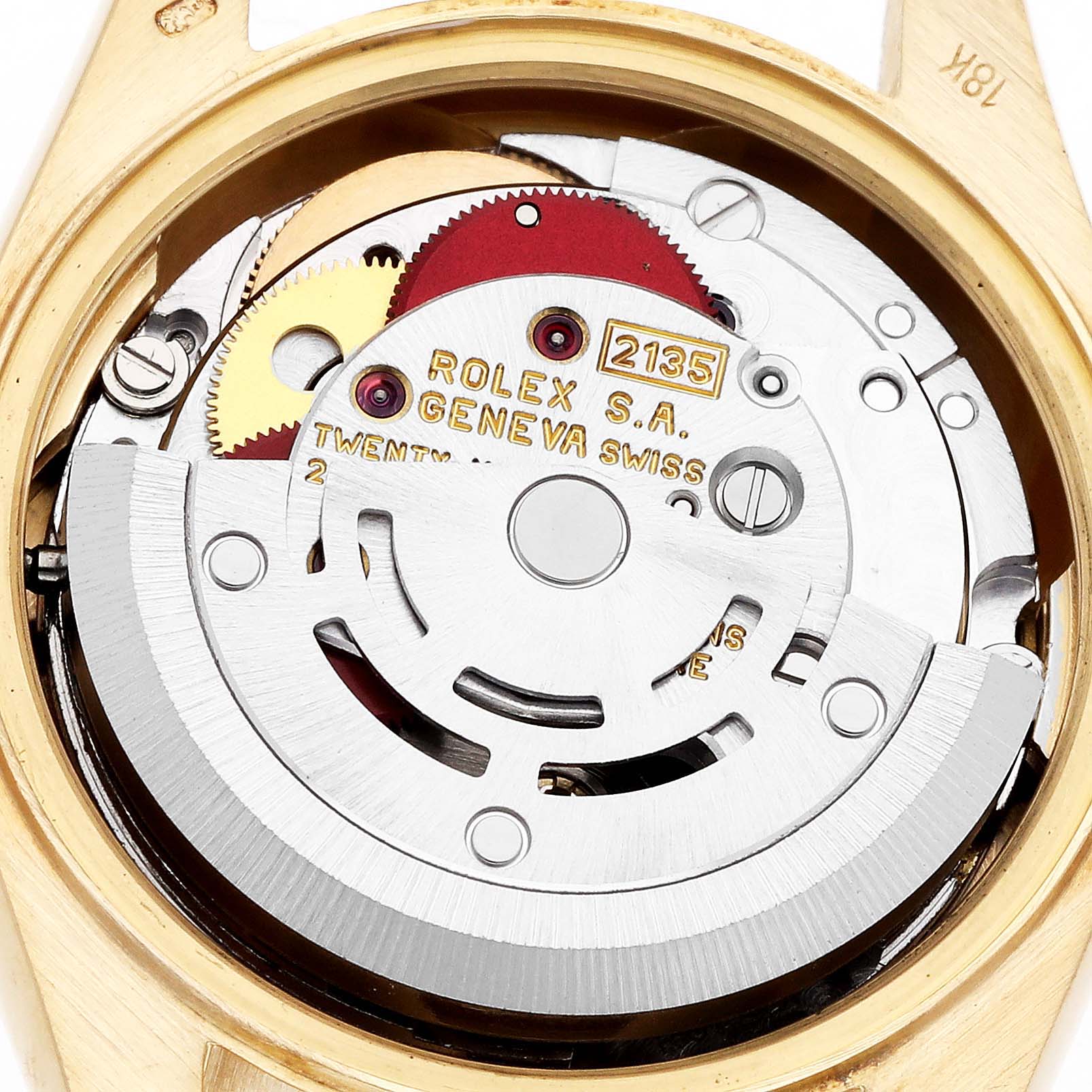 The image shows the movement of a Rolex President 69078 Women
s Yellow Gold Champagne Dial model watch, viewed from the back.