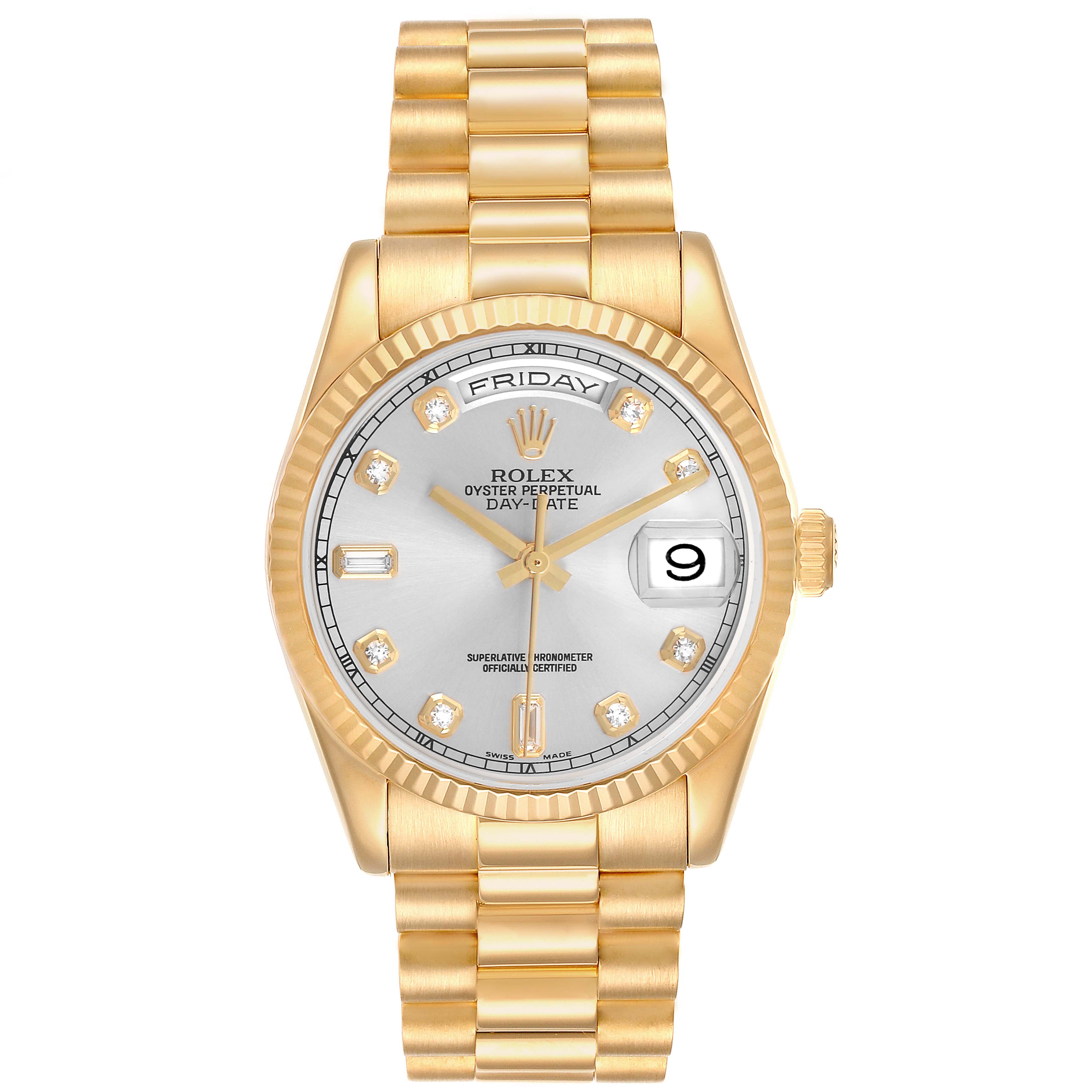The Rolex President 118238 Men's Yellow Gold Silver Dial model is shown from a front angle, displaying its dial, bezel, bracelet, and crown.