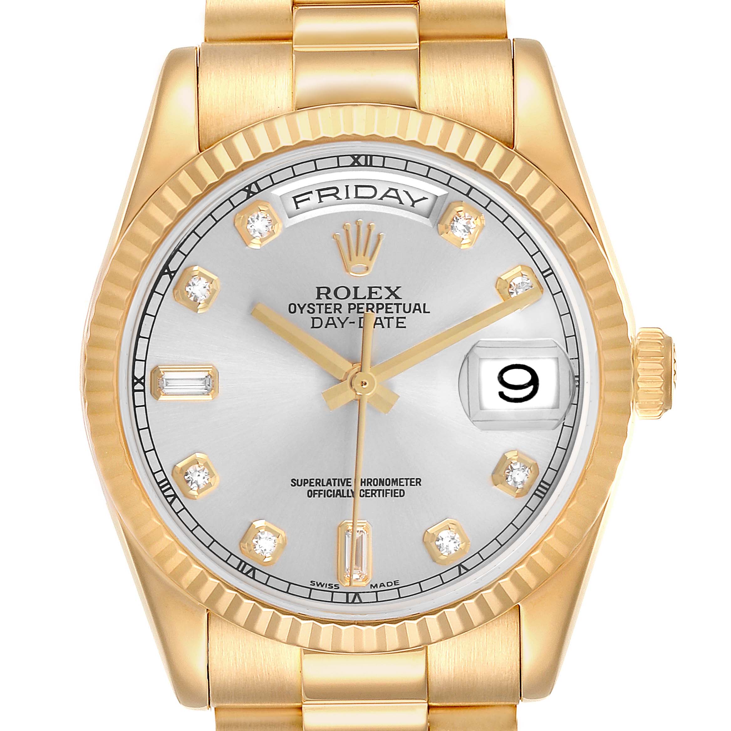 The Rolex President 118238 Men's Yellow Gold Silver Dial watch is shown from the front, featuring a gold case, day-date display, and diamond hour markers.