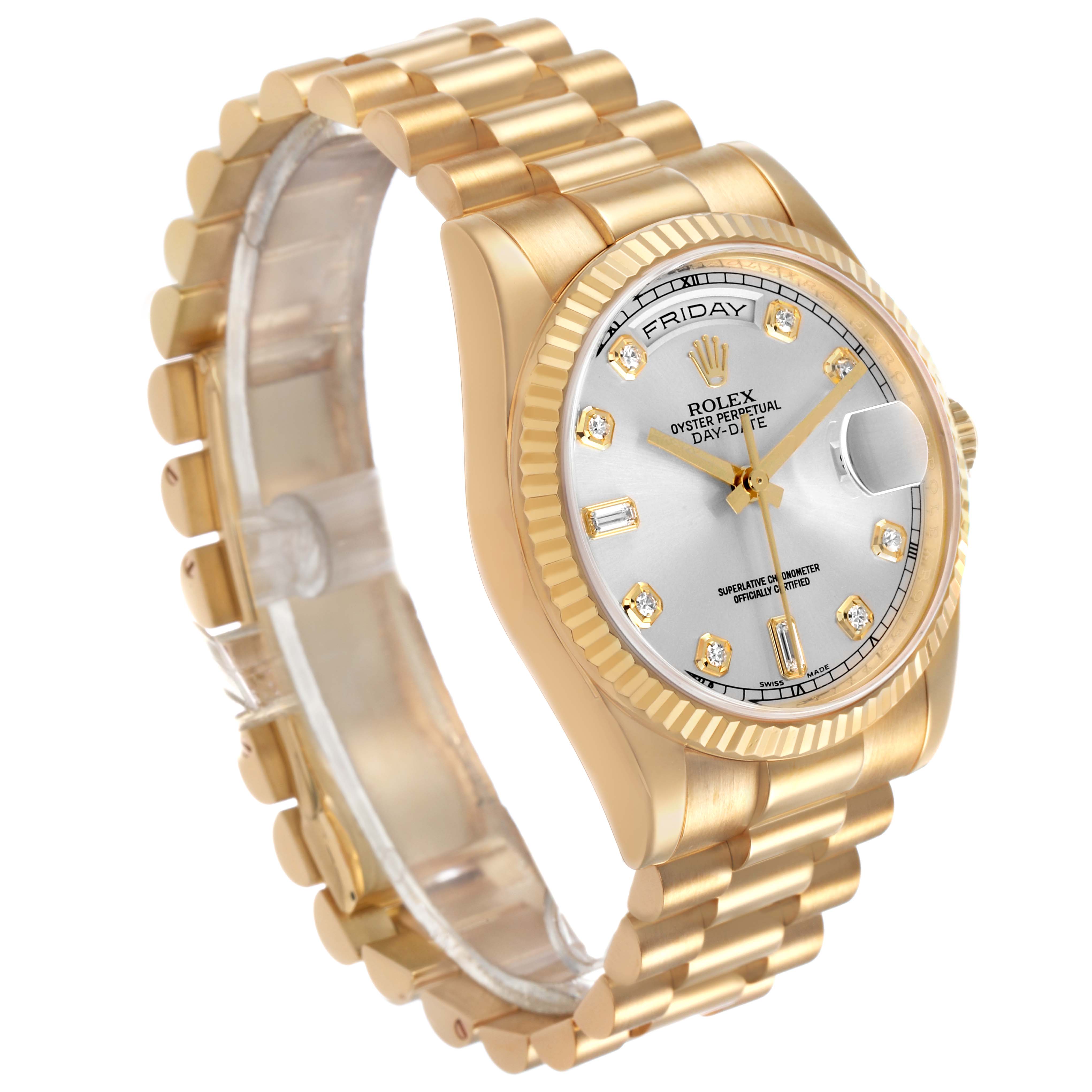 The Rolex President 118238 Men's Yellow Gold Silver Dial model is shown at a three-quarter angle, highlighting the gold bracelet, fluted bezel, and diamond hour markers.
