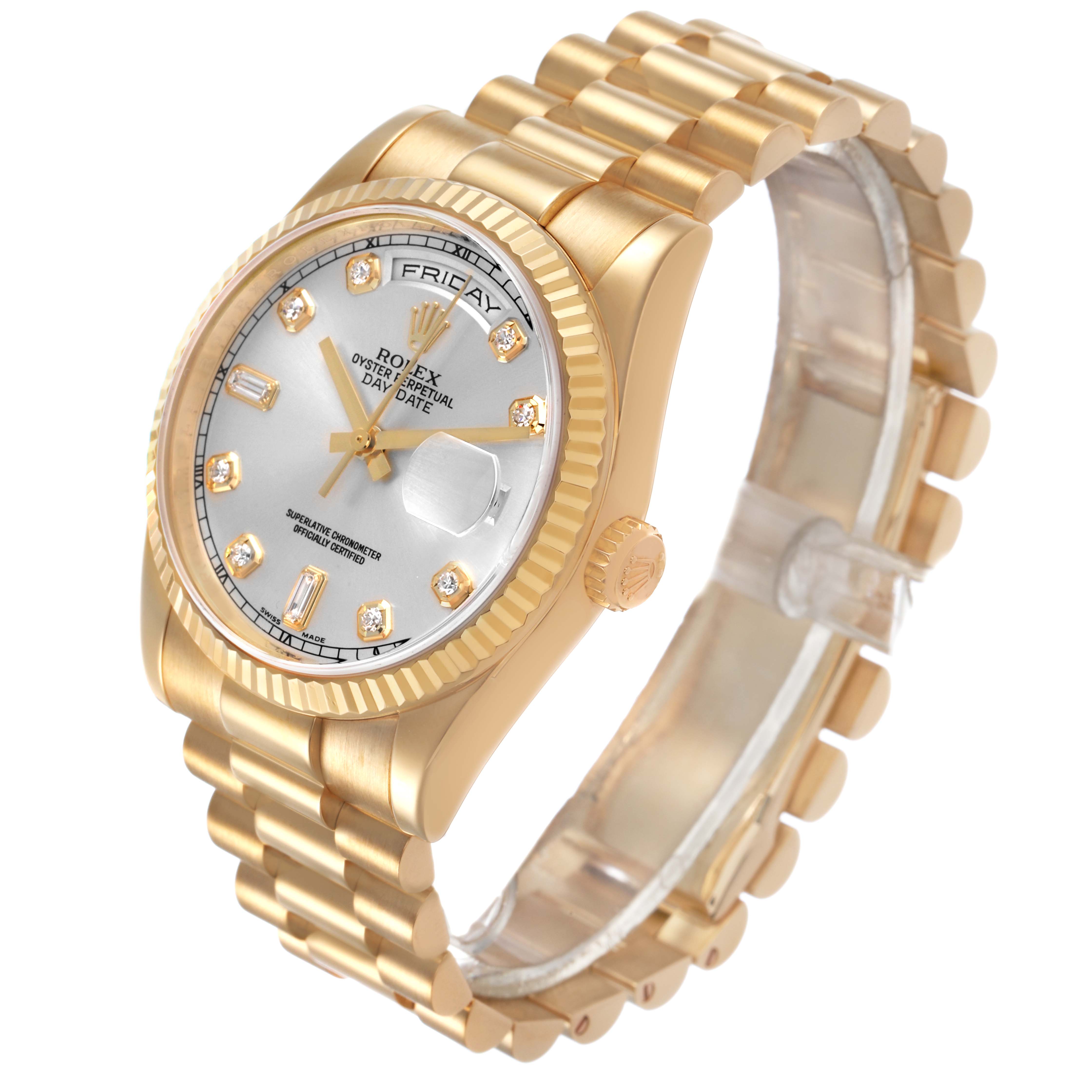 The image shows a side angle of a Rolex President 118238 Men's Yellow Gold Silver Dial watch, highlighting its dial, bezel, crown, and bracelet.