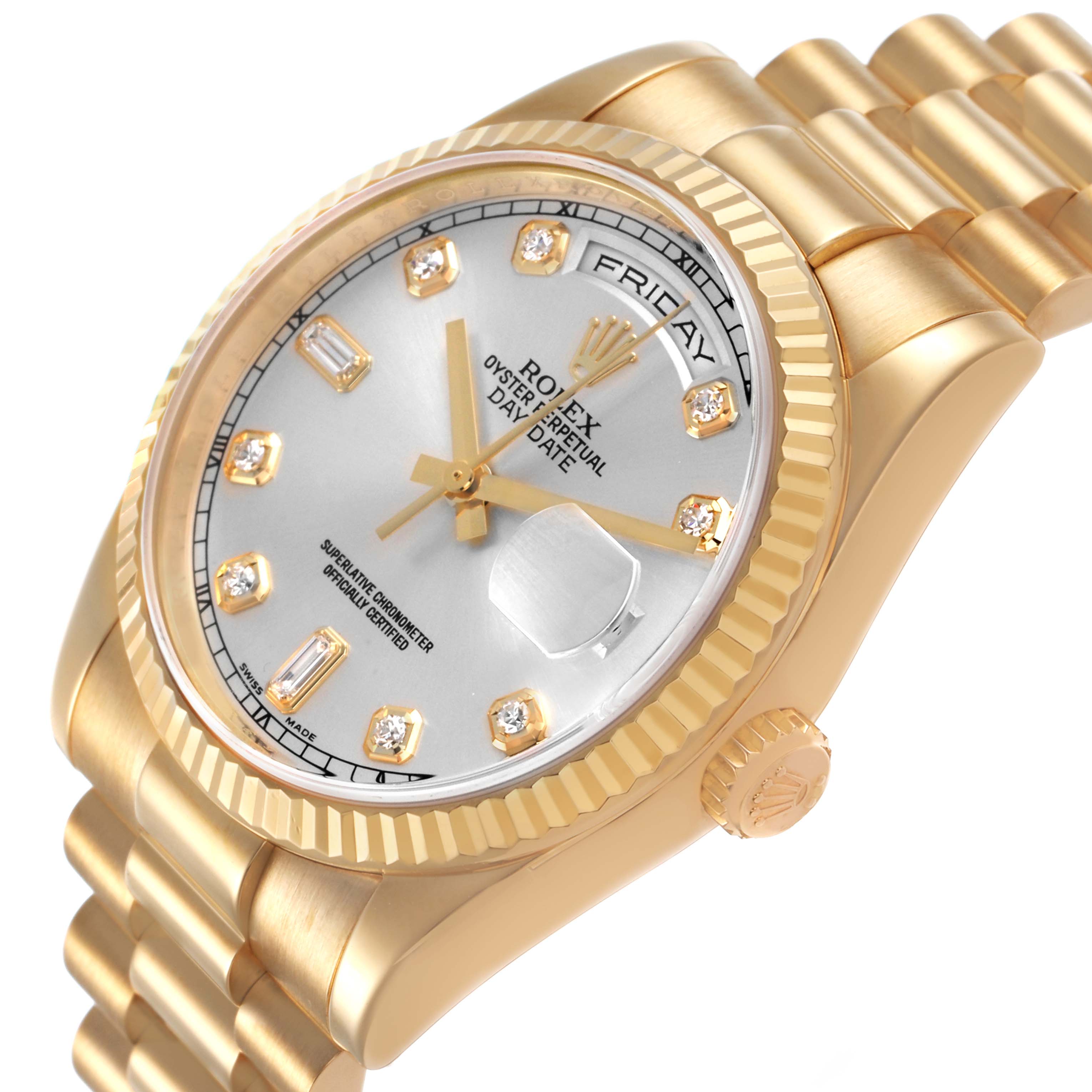 The Rolex President 118238 Men's Yellow Gold Silver Dial watch is shown at a slight side angle, highlighting the bracelet, bezel, and face.