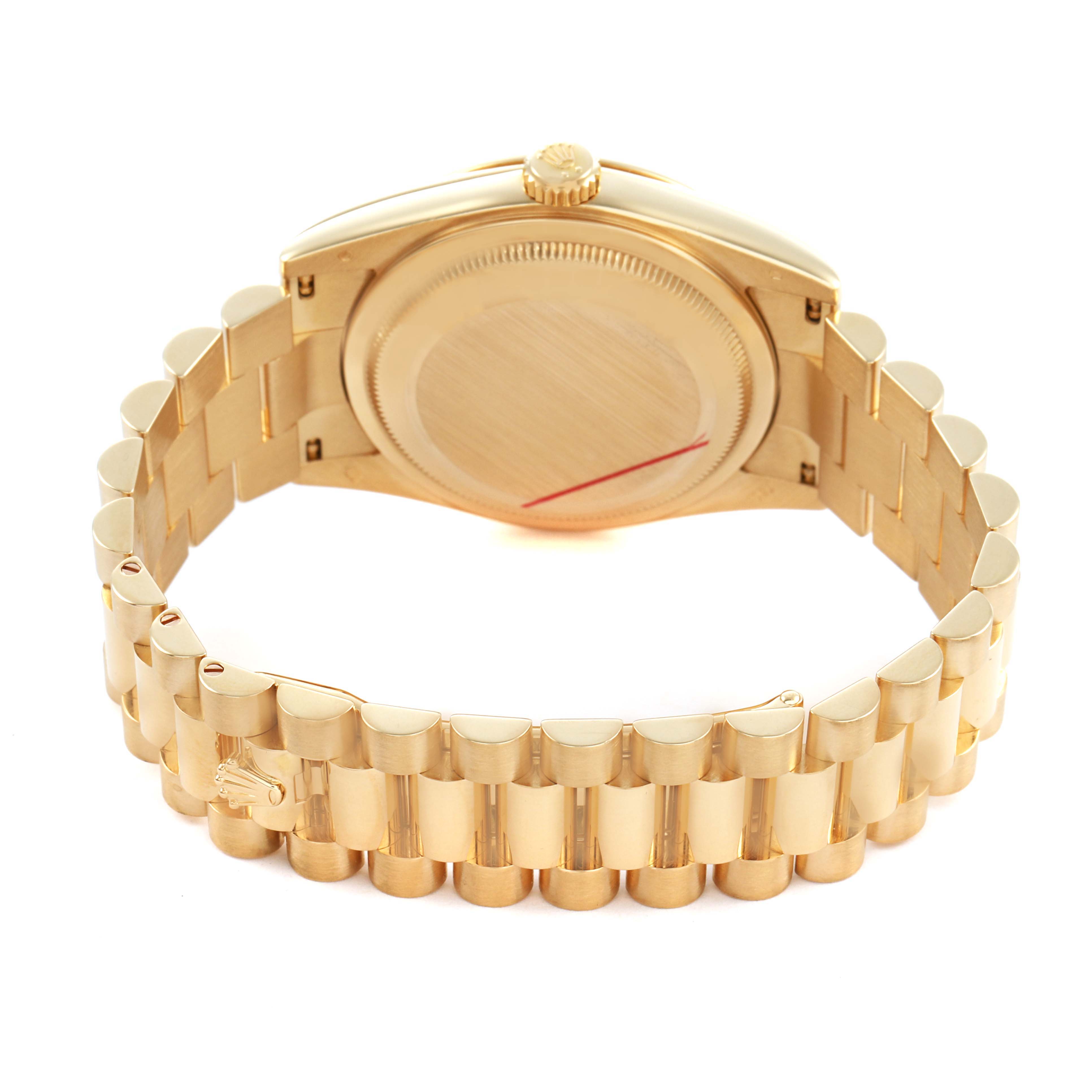 The image shows the back view of a Rolex President 118238 Men's Yellow Gold Silver Dial watch, highlighting the clasp and bracelet.