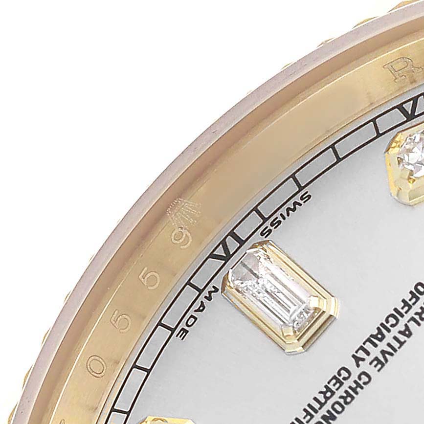The image shows a partial close-up of the Rolex President 118238 Men's Yellow Gold Silver Dial watch face, including the bezel, dial, and diamond marker.