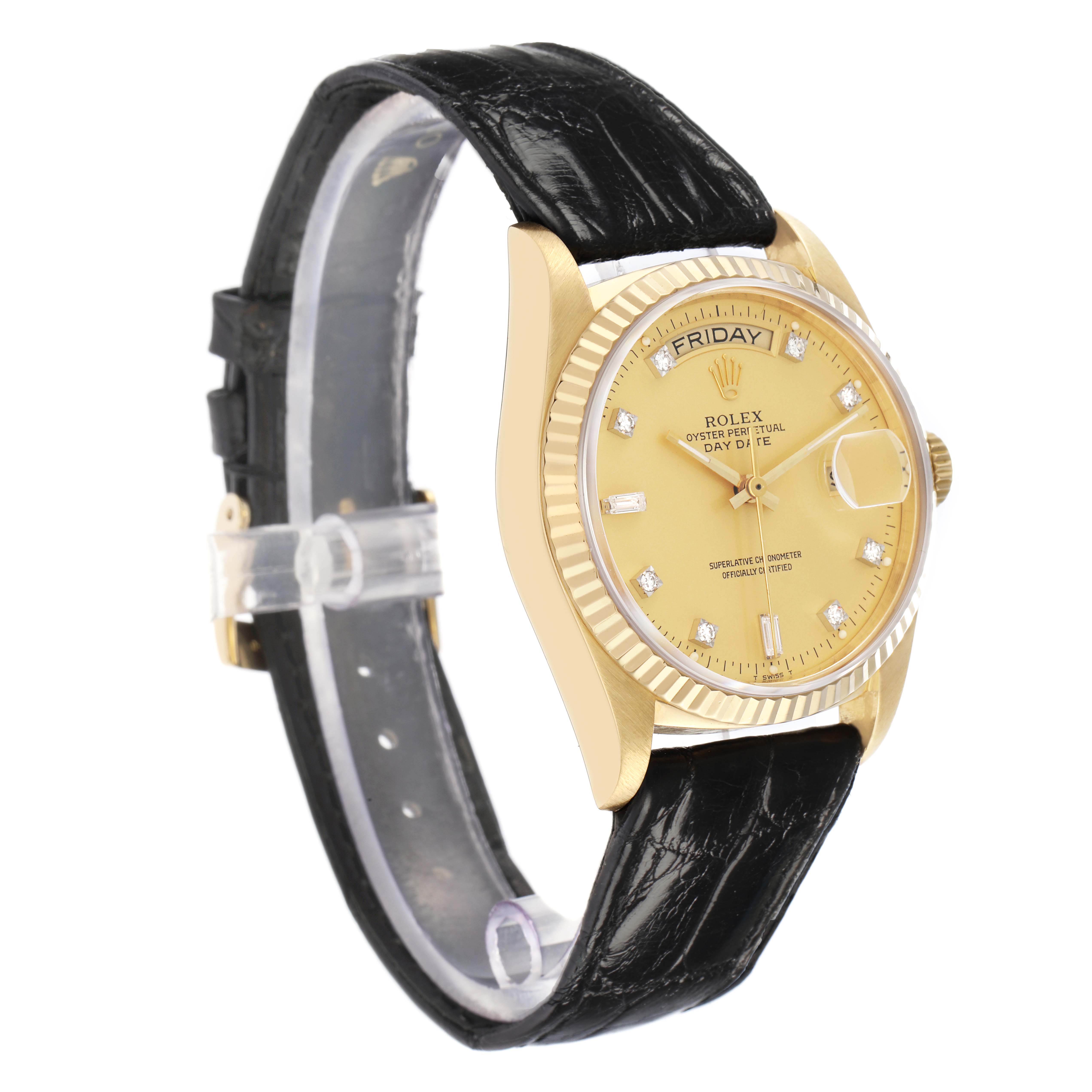 The Rolex President 18038 Men
s Yellow Gold Champagne Dial model is shown at a three-quarter angle, highlighting the dial, bezel, crown, and black leather strap.