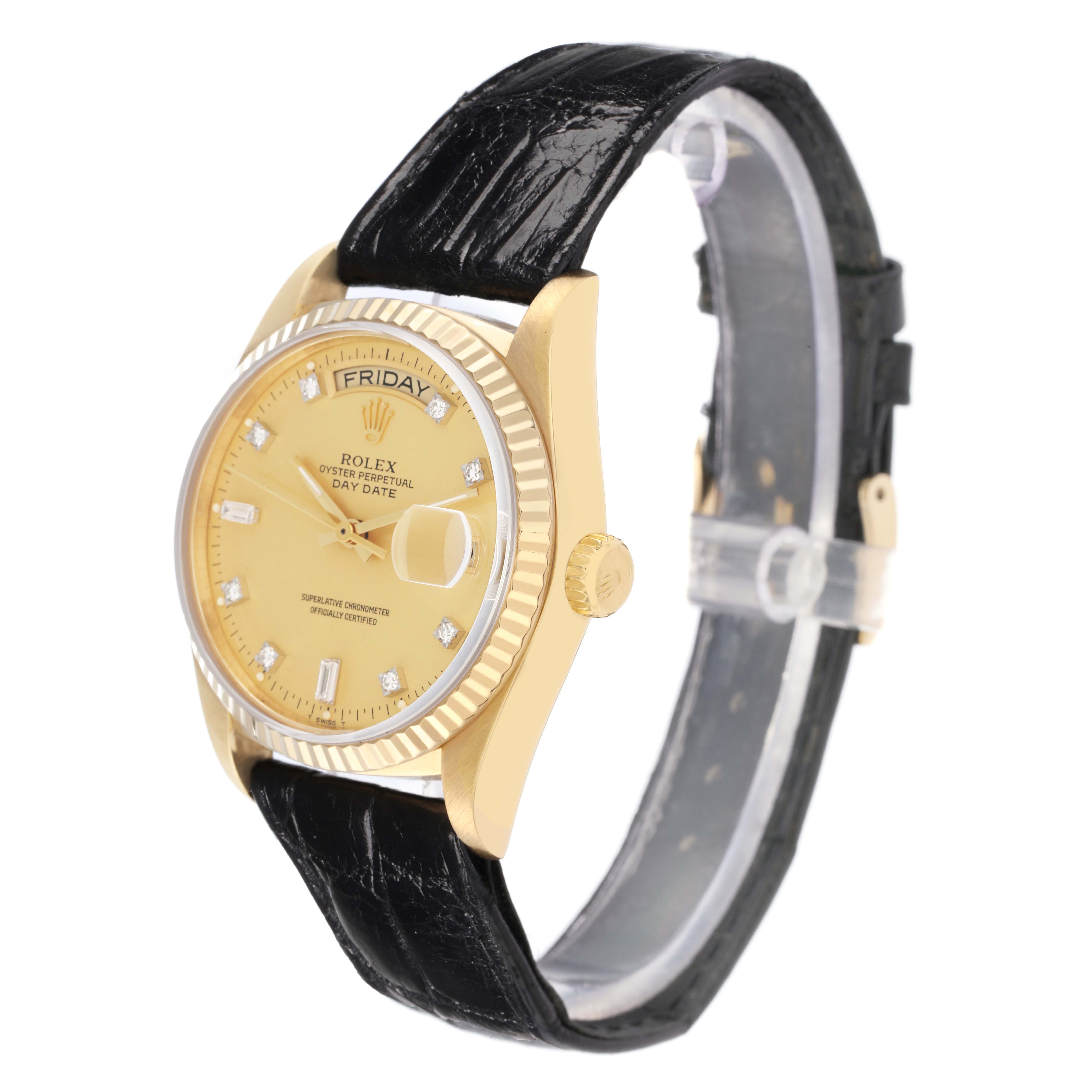 The Rolex President 18038 Men
s Yellow Gold Champagne Dial model is shown at a slight angle, highlighting the gold case, crown, dial, and black leather strap.