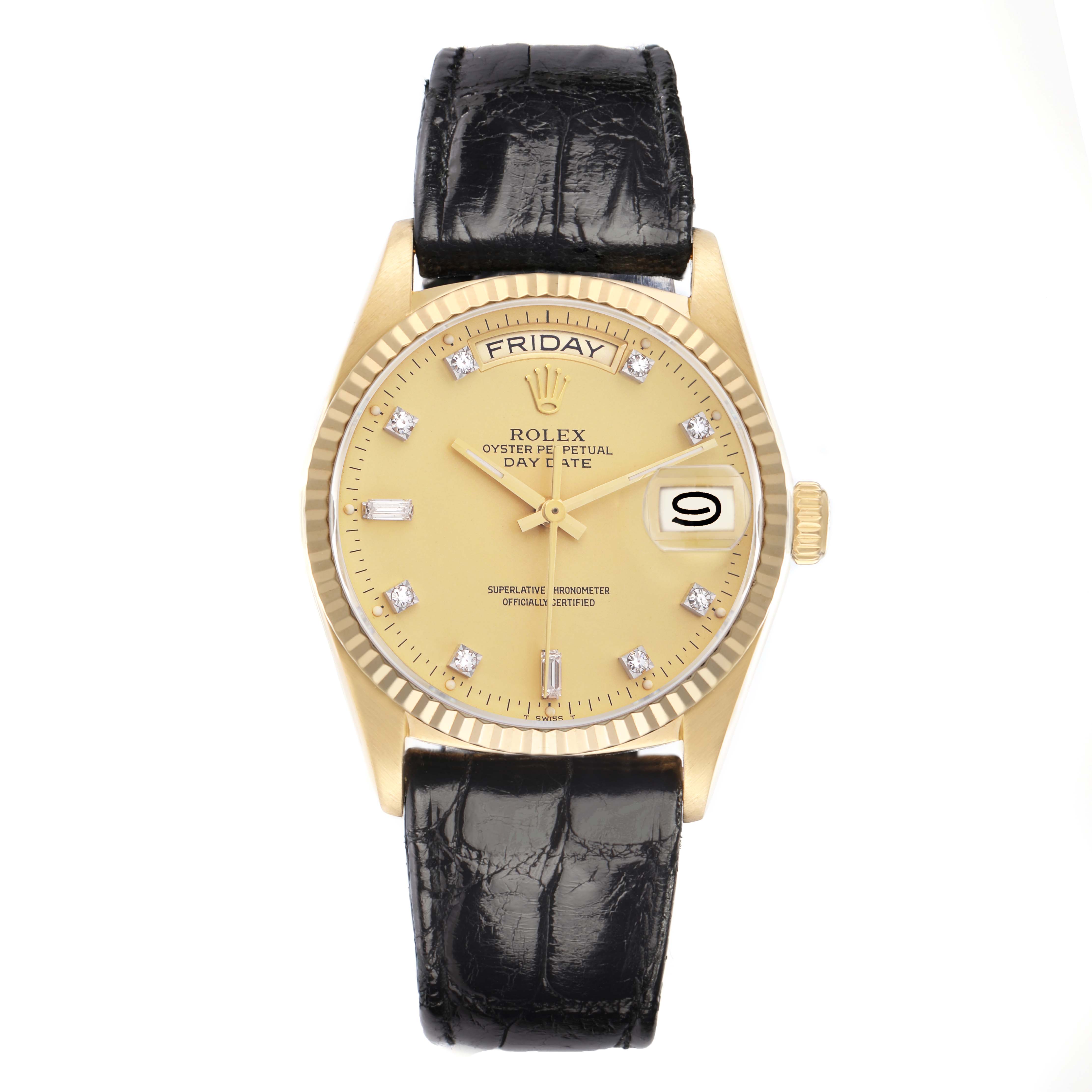The Rolex President 18038 Men
s Yellow Gold Champagne Dial model watch is shown from a front view, highlighting the dial, day and date windows, bezel, and strap.