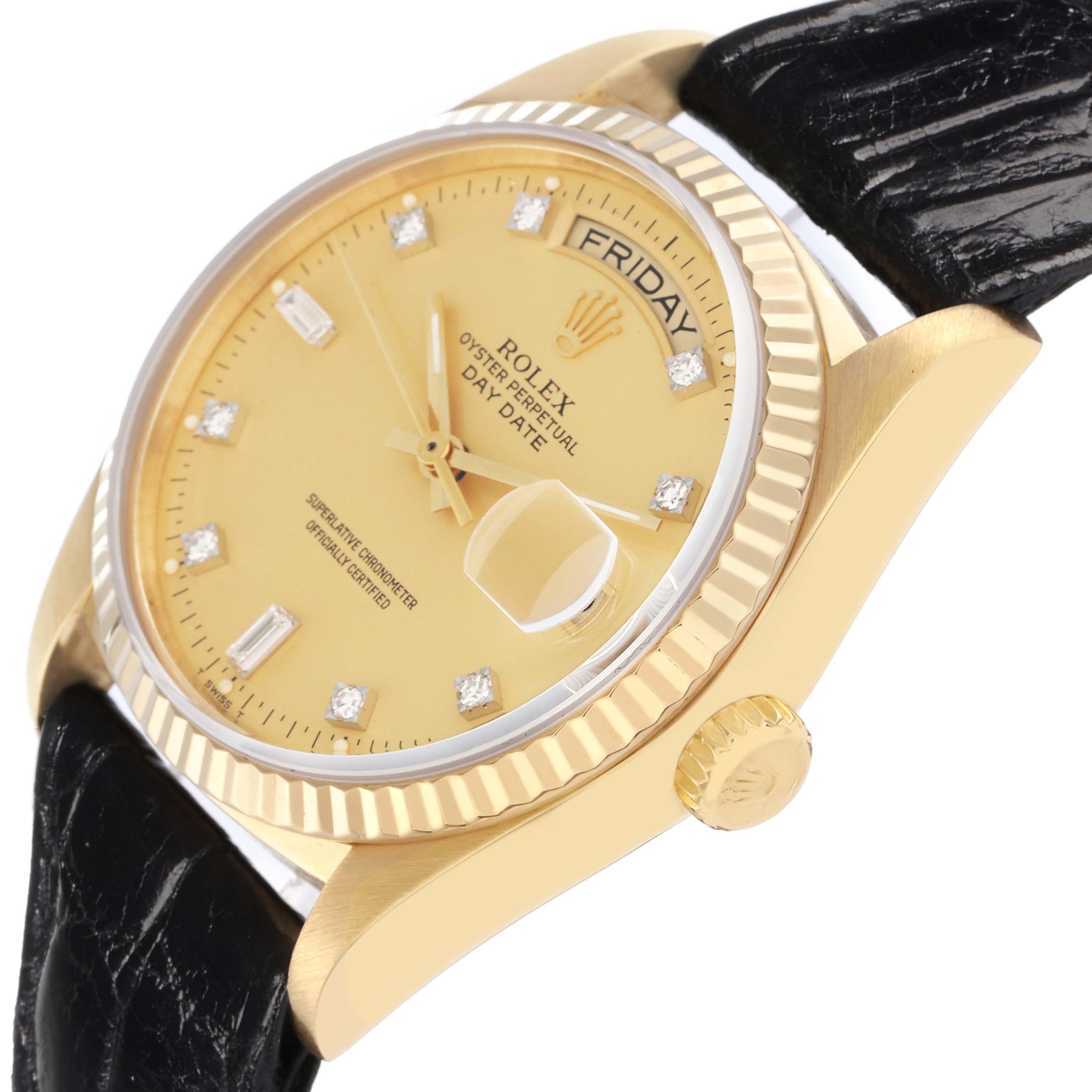 The image shows a side view of the Rolex President 18038 Men
s Yellow Gold Champagne Dial, highlighting the gold case, bezel, crown, and diamond markers on the dial.