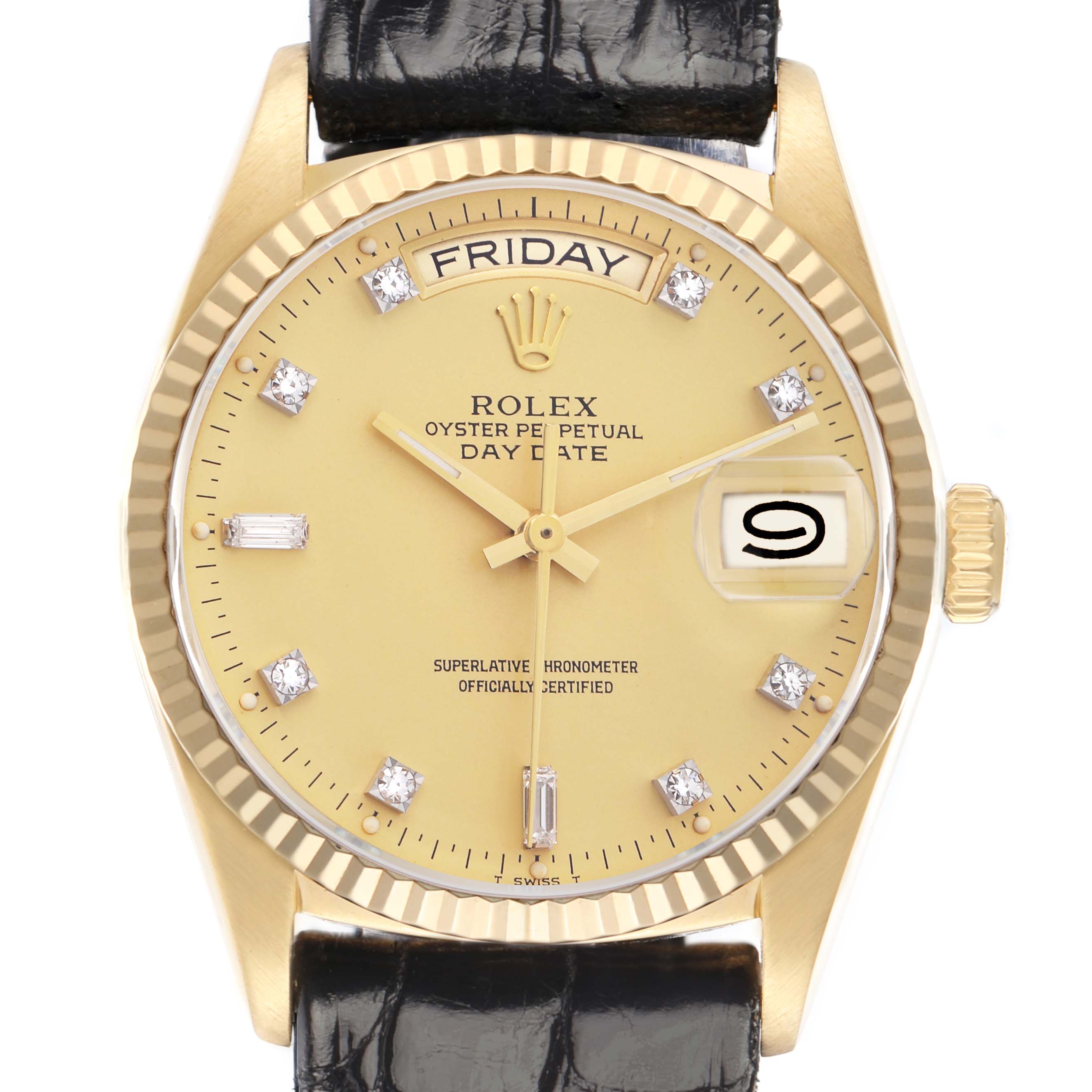 The Rolex President 18038 Men
s Yellow Gold Champagne Dial watch is shown from the front, displaying the dial, fluted bezel, day-date window, and crown.