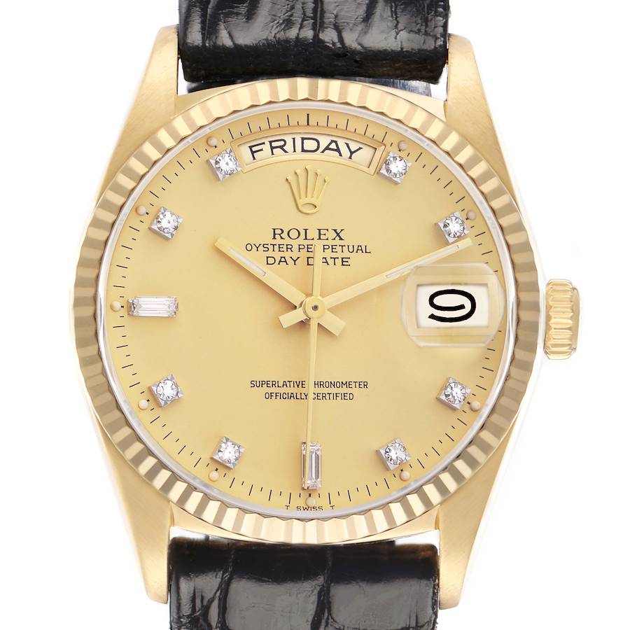 The Rolex President 18038 Men's Yellow Gold Champagne Dial watch is shown from the front, displaying the dial, fluted bezel, day-date window, and crown.