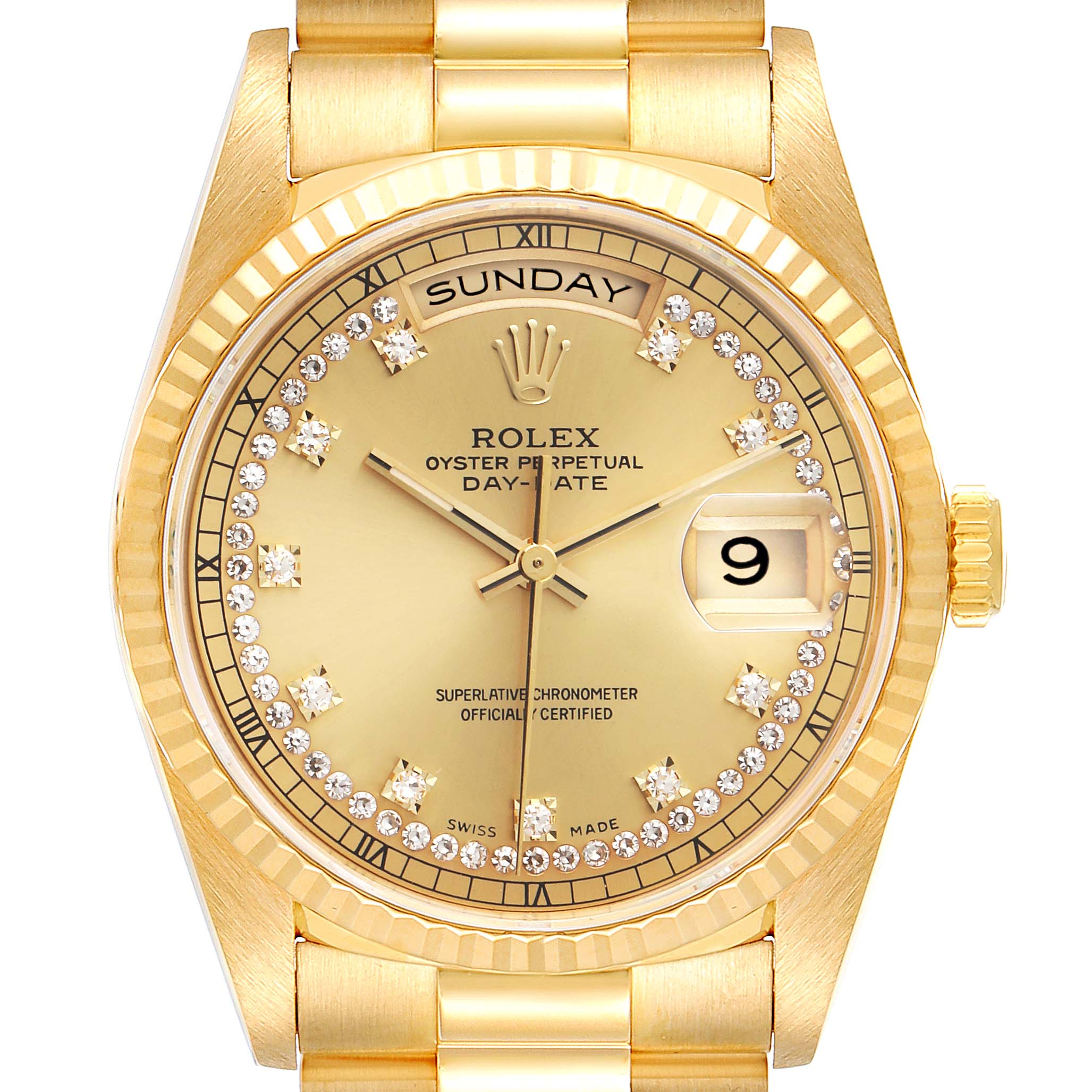 The image shows a Rolex President 18238 Men's Yellow Gold Champagne Dial 18238 Men's Yellow Gold Champagne Dial model watch with a gold case, fluted bezel, and diamond hour markers viewed from the front.