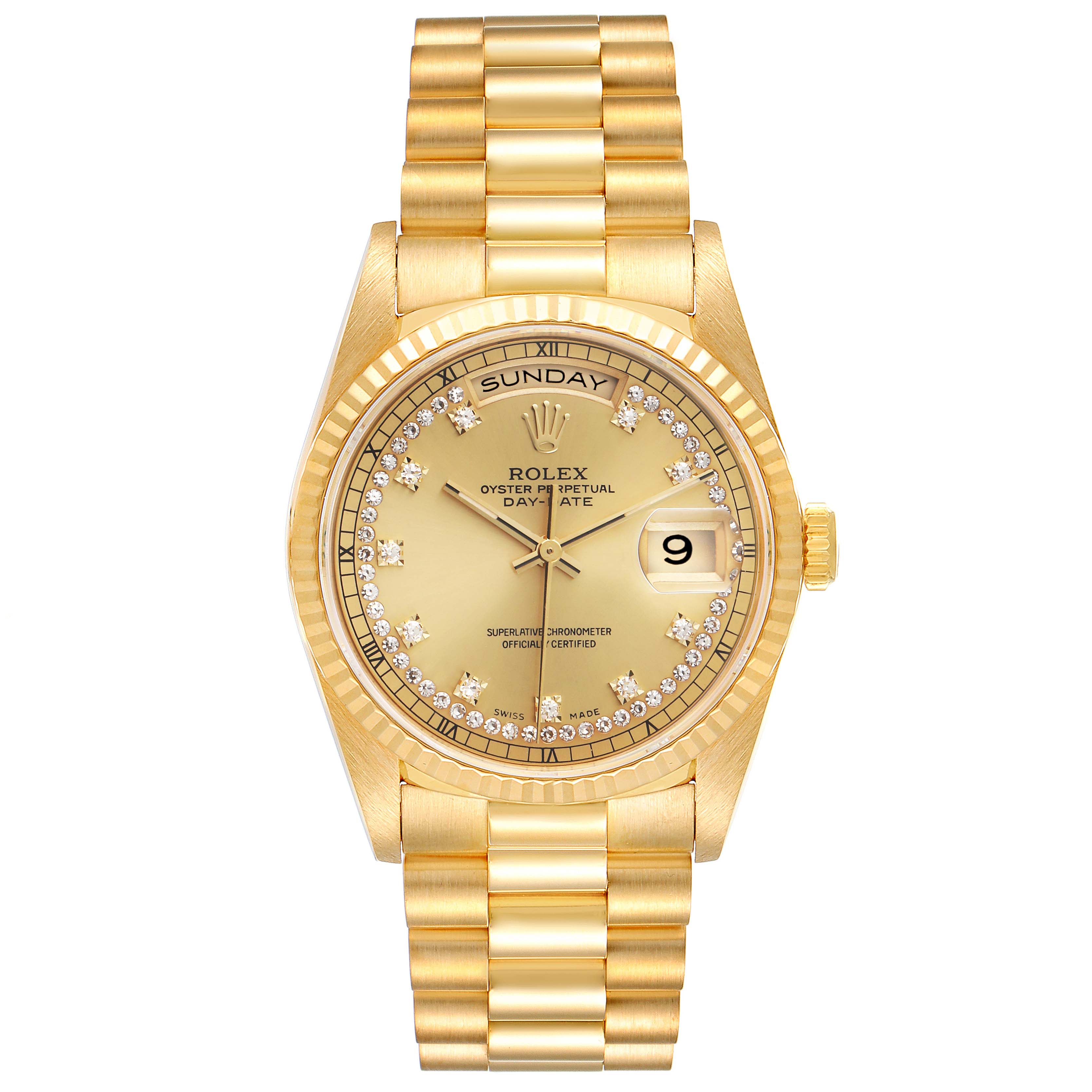 This image shows a frontal view of a Rolex President 18238 Men's Yellow Gold Champagne Dial 18238 Men's Yellow Gold Champagne Dial model watch, highlighting its gold case, bracelet, dial, and diamond hour markers.