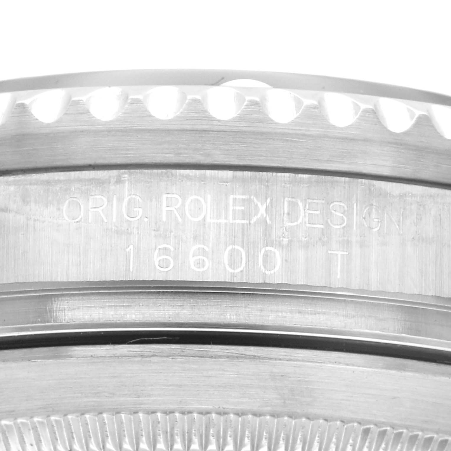 This image shows the side profile of the Rolex Sea-Dweller 16600 Men's Stainless Steel Black Dial 16600 Men's Stainless Steel Black Dial watch, highlighting the engraved model number 16600 T and bezel details.