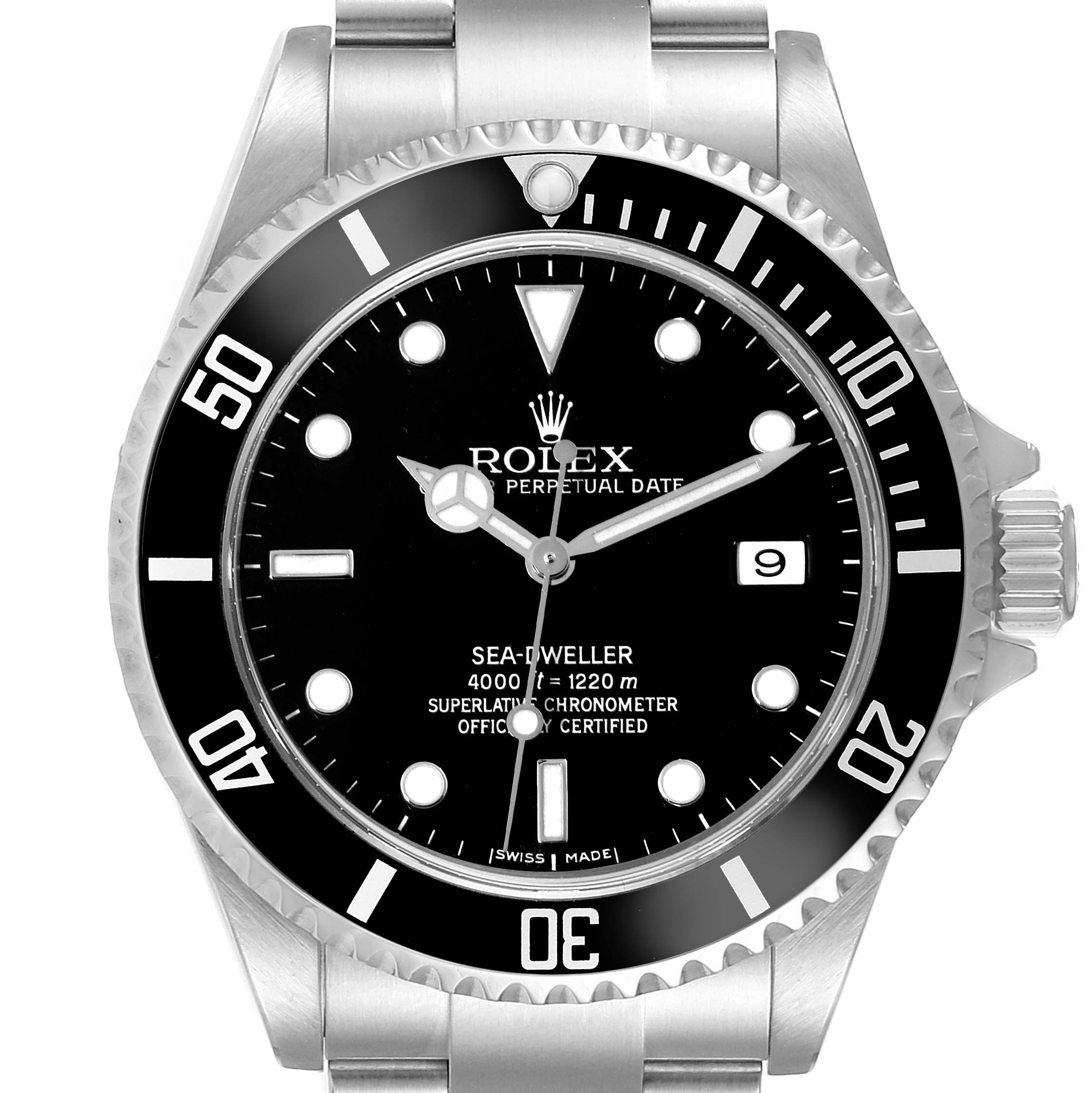 The image shows the front view of a Rolex Sea-Dweller 16600 Men's Stainless Steel Black Dial 16600 Men's Stainless Steel Black Dial watch, focusing on the dial, bezel, and part of the bracelet.