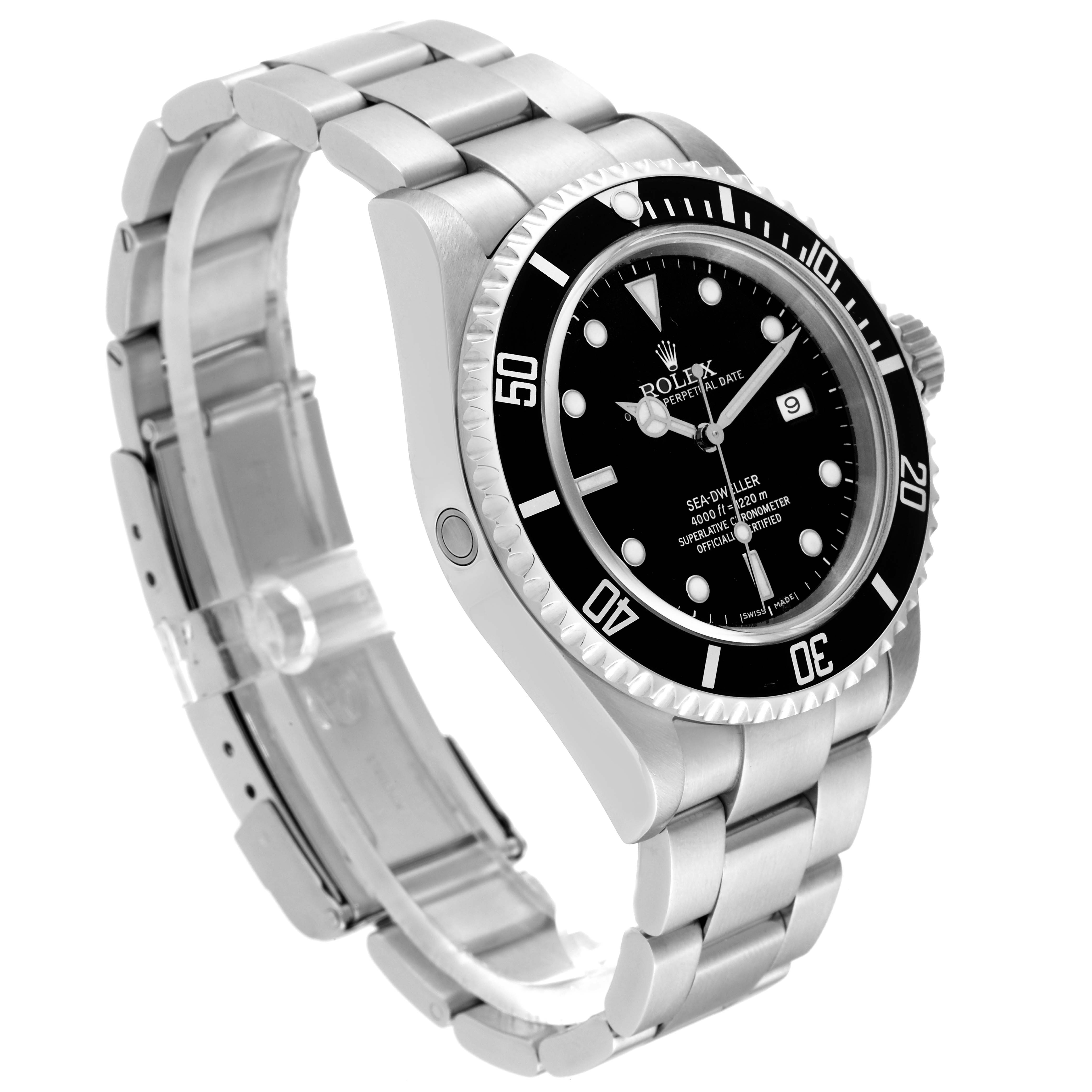 This image shows a Rolex Sea-Dweller 16600 Men's Stainless Steel Black Dial 16600 Men's Stainless Steel Black Dial watch at a slight angle, highlighting its bezel, dial, bracelet, and clasp.