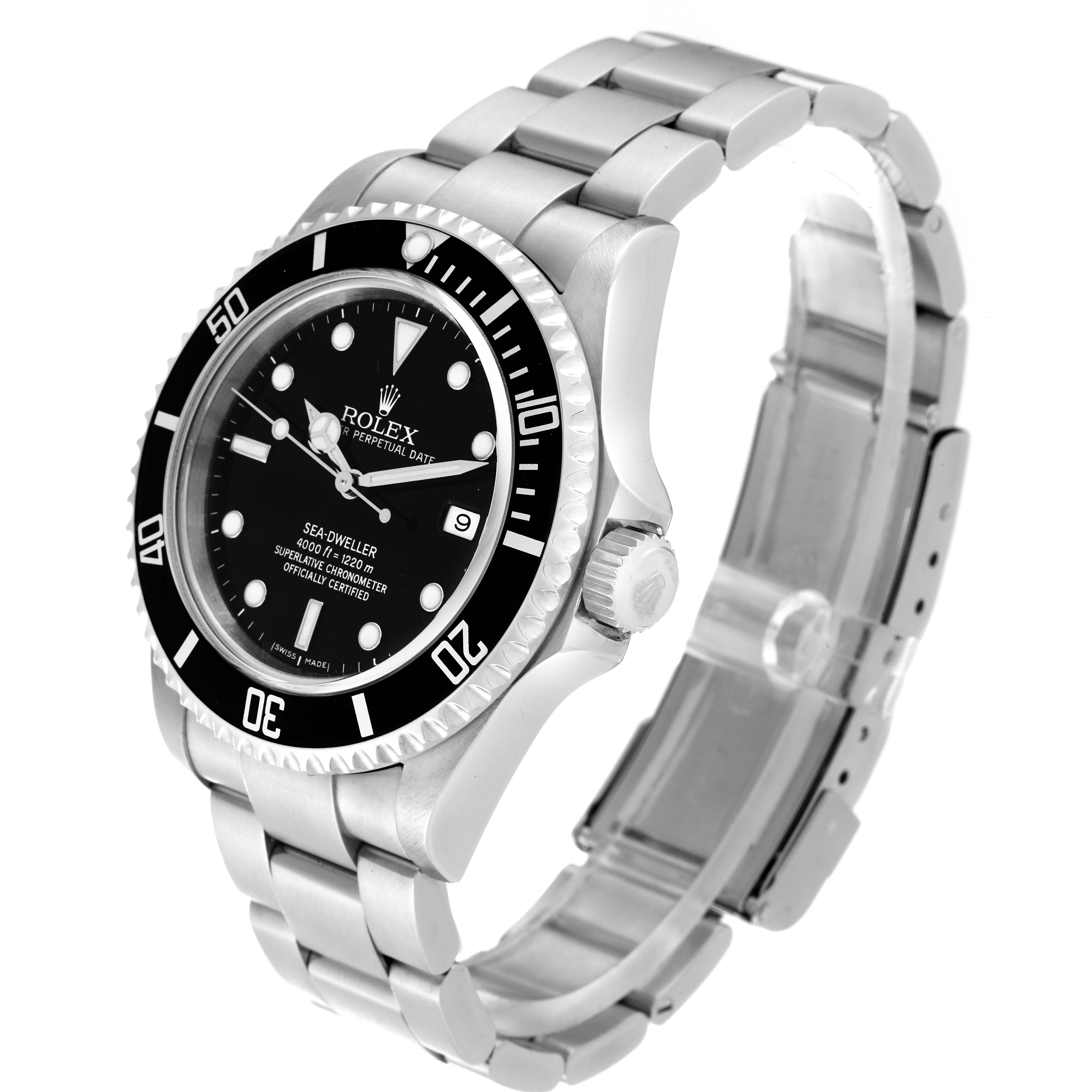 The image shows a side angle of the Rolex Sea-Dweller 16600 Men's Stainless Steel Black Dial 16600 Men's Stainless Steel Black Dial watch, highlighting the face, bezel, crown, and bracelet.