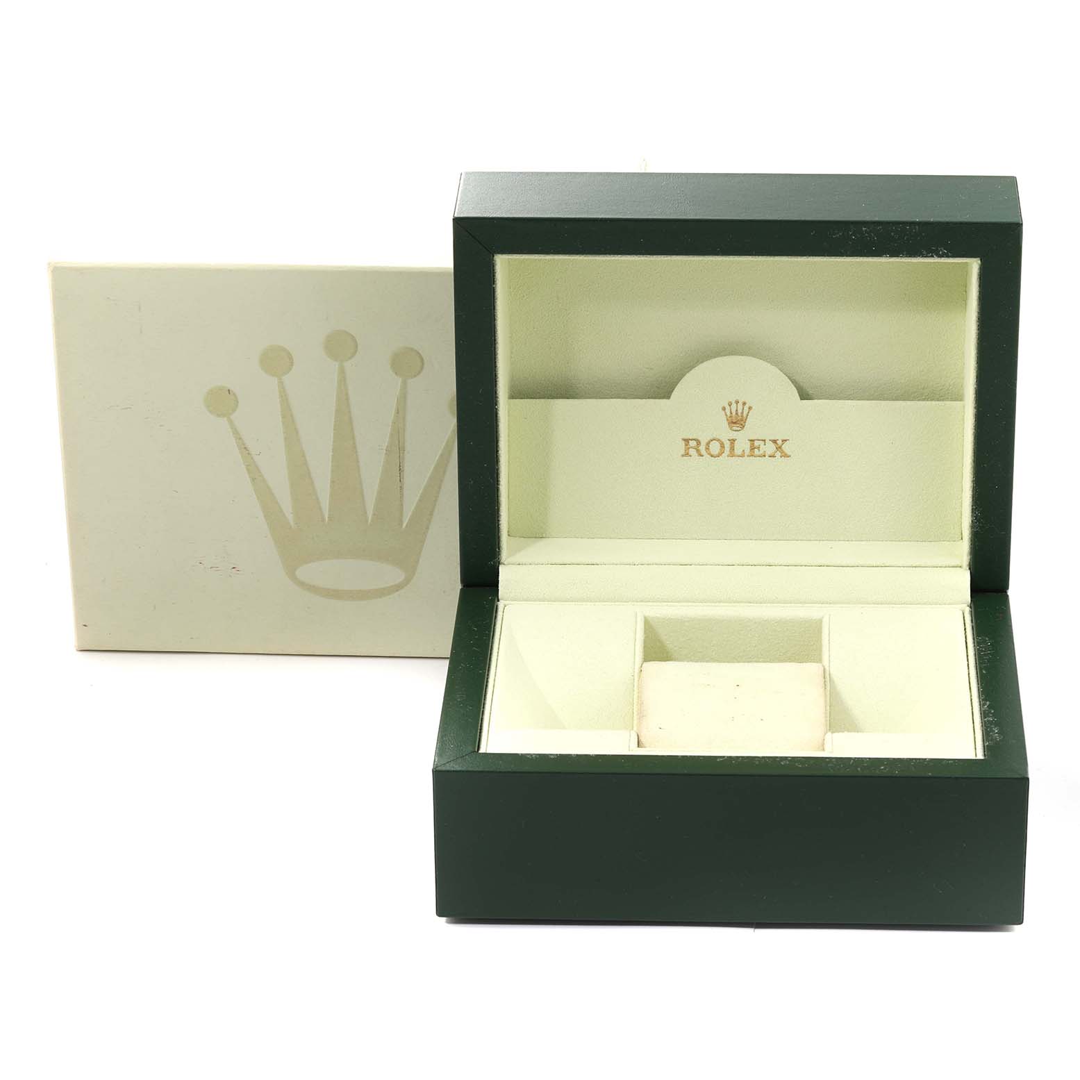 The image shows an empty Rolex Sea-Dweller 16600 Men's Stainless Steel Black Dial 16600 Men's Stainless Steel Black Dial watch box with an open lid, revealing the interior and cushion for the watch.