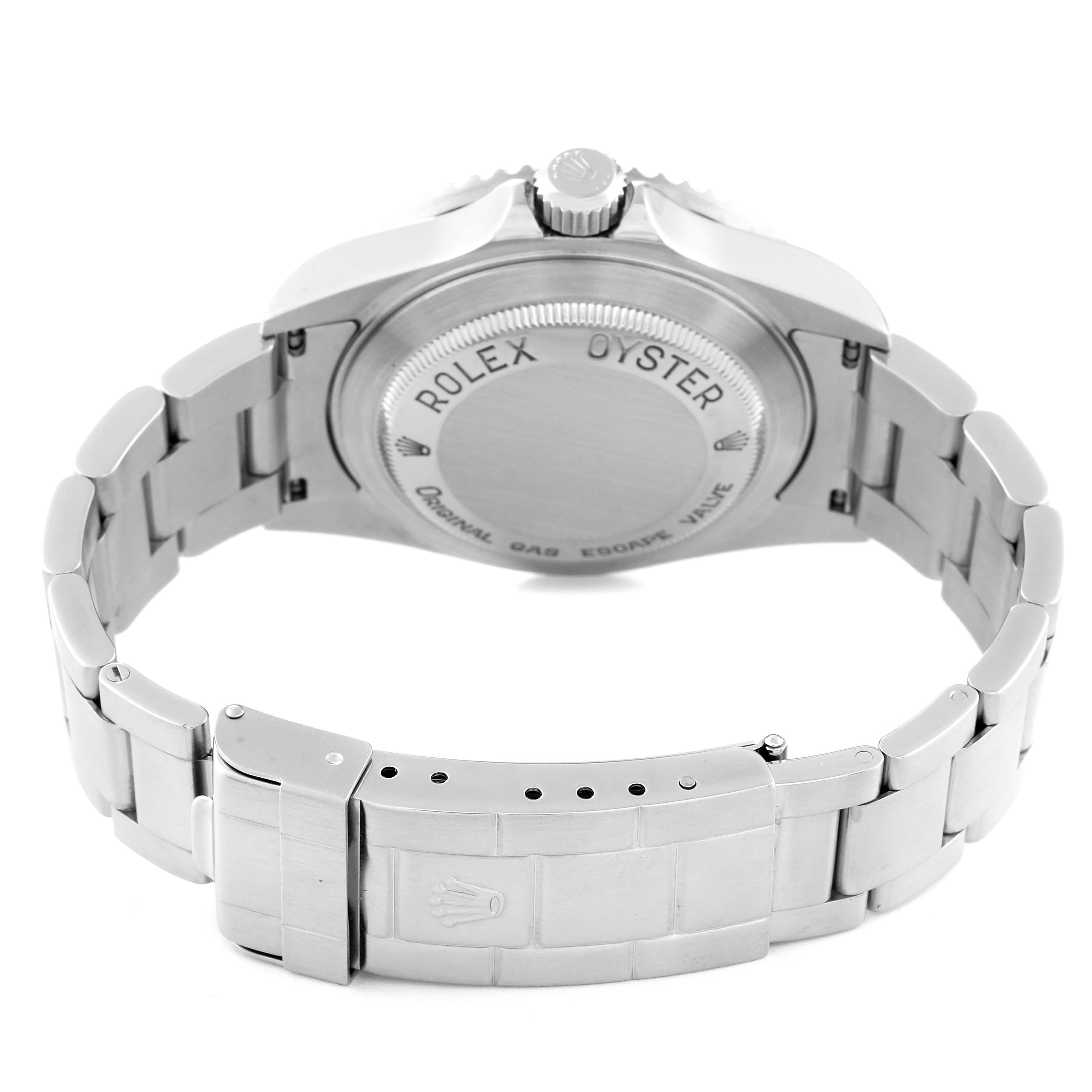 This image shows the back of a Rolex Sea-Dweller 16600 Men's Stainless Steel Black Dial 16600 Men's Stainless Steel Black Dial, including the case back, bracelet, and clasp.