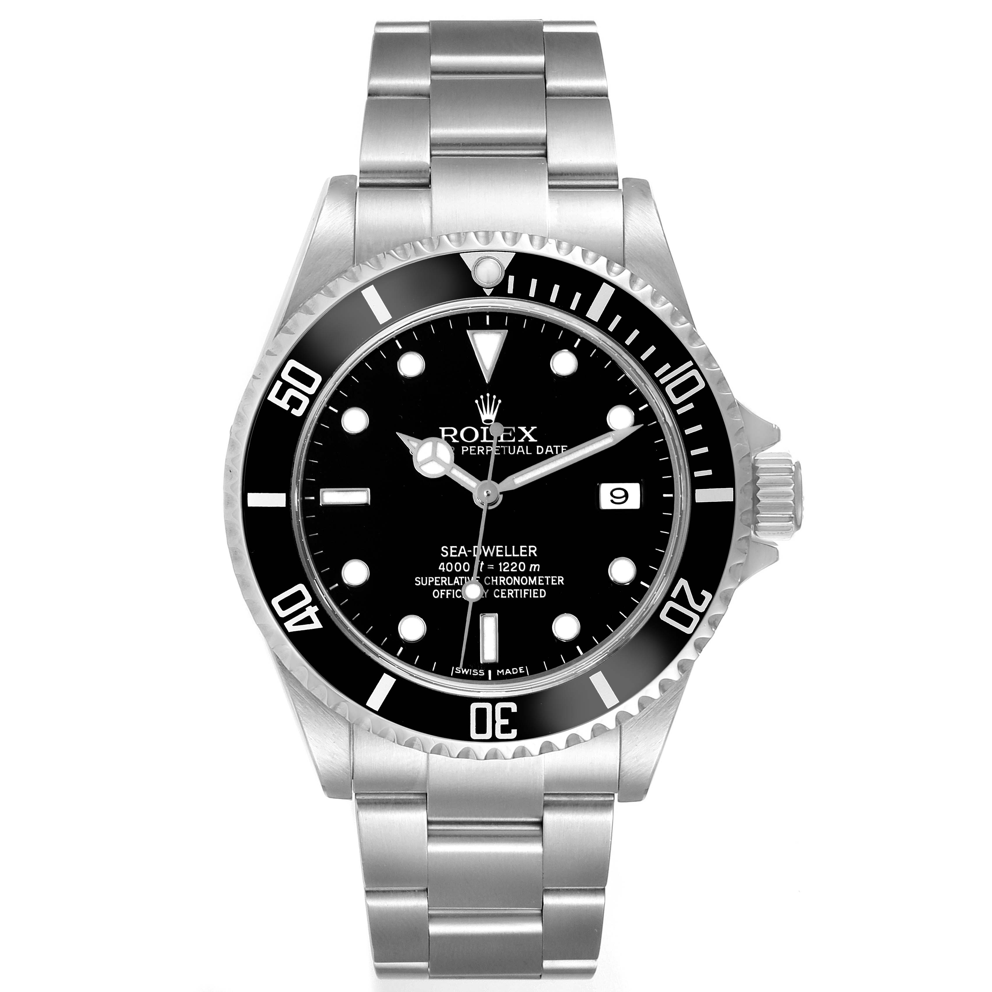 The Rolex Sea-Dweller 16600 Men's Stainless Steel Black Dial 16600 Men's Stainless Steel Black Dial watch is shown from the front, displaying its face, bezel, crown, and bracelet.