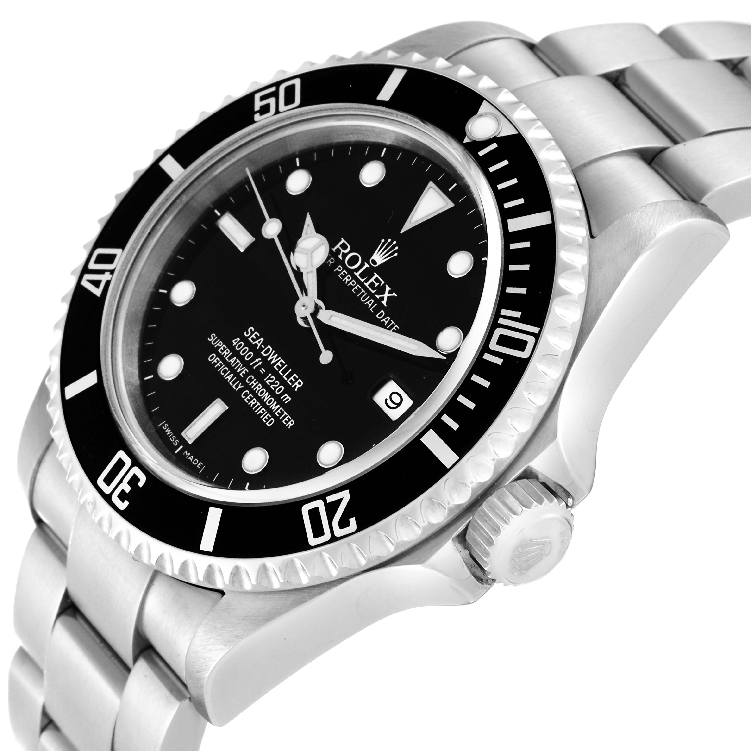 The image shows a side angle of the Rolex Sea-Dweller 16600 Men's Stainless Steel Black Dial 16600 Men's Stainless Steel Black Dial watch, highlighting the bezel, dial, crown, and stainless steel bracelet.