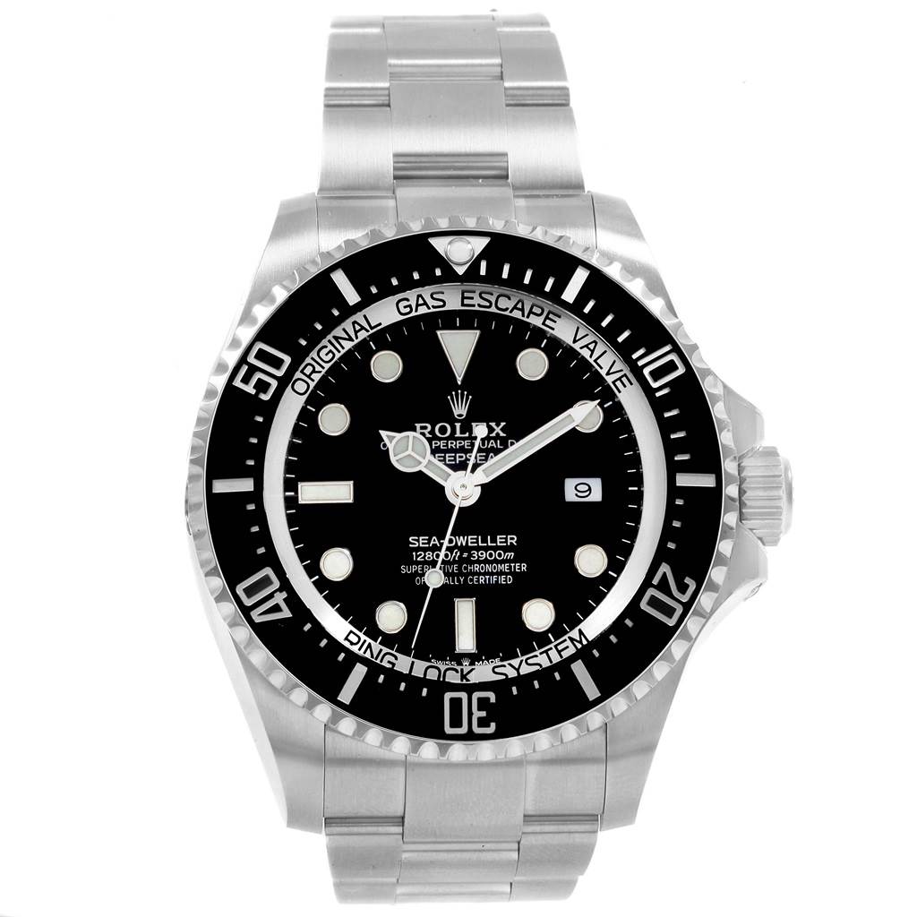 The Rolex Sea-Dweller 126660 Men
s Stainless Steel Black Dial 126660 Men
s Stainless Steel Black Dial watch is shown from a front angle, displaying its dial, hands, bezel, bracelet, and crown.