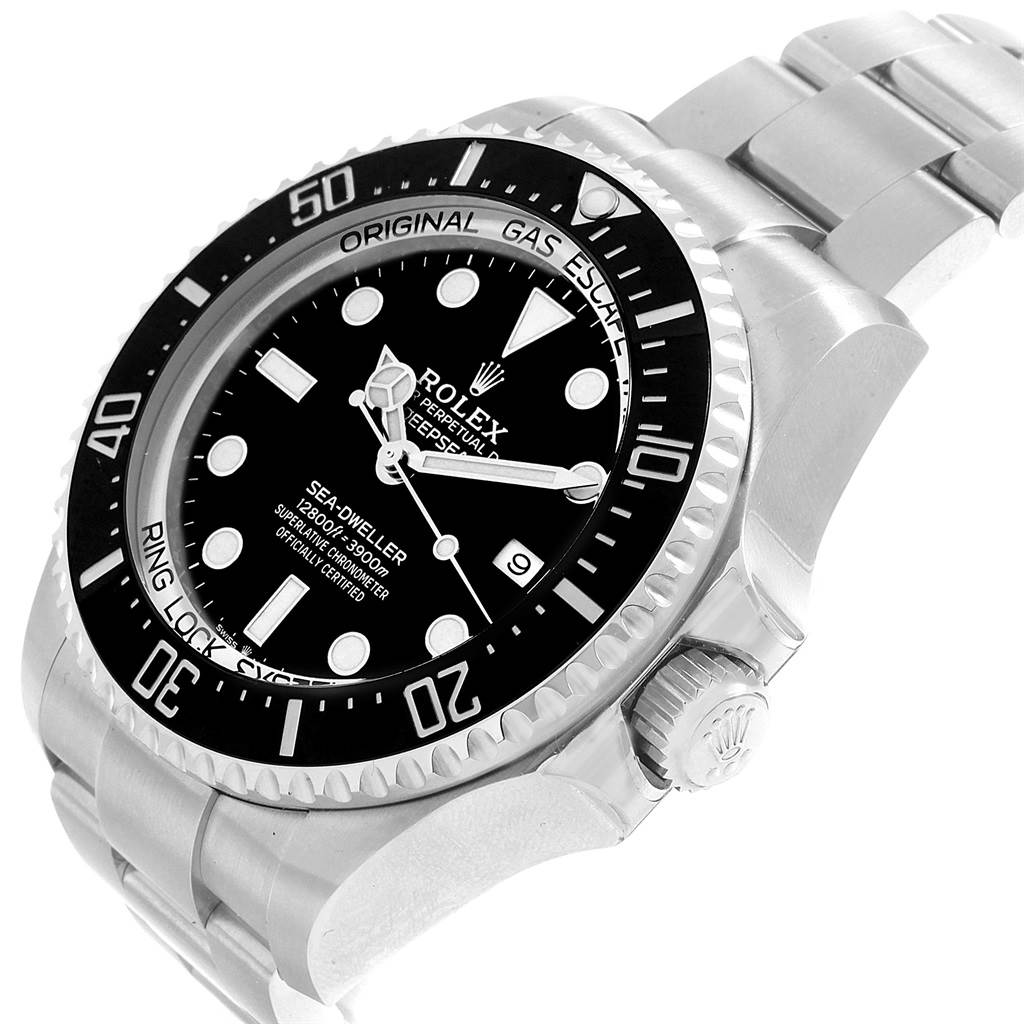 This image shows a Rolex Sea-Dweller 126660 Men
s Stainless Steel Black Dial 126660 Men
s Stainless Steel Black Dial watch from an angled close-up, highlighting the dial, bezel, and part of the bracelet.