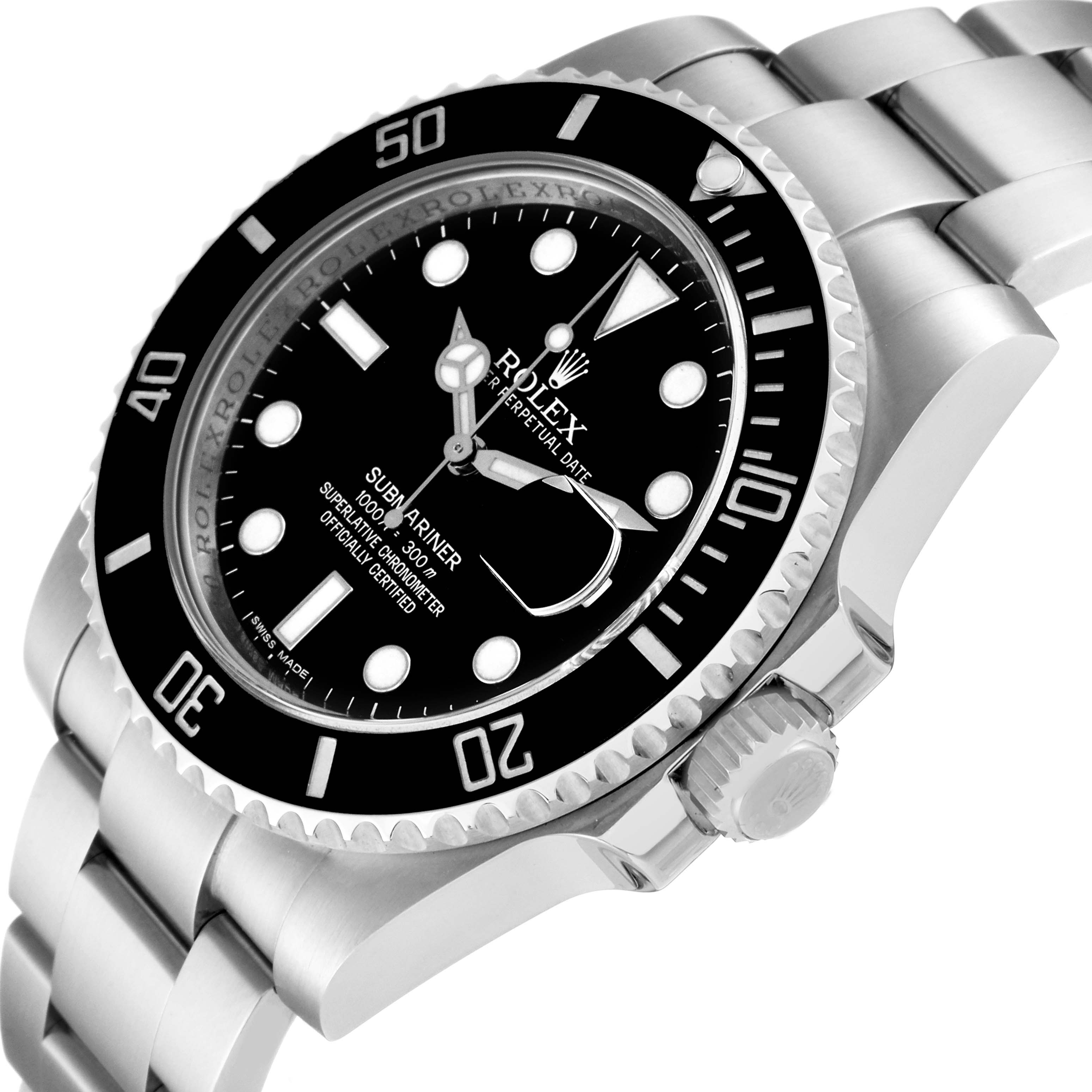 This image shows a Rolex Submariner 116610 Men
s Stainless Steel Black Dial 116610 Men
s Stainless Steel Black Dial watch at an oblique angle, highlighting its face, bezel, crown, and bracelet.