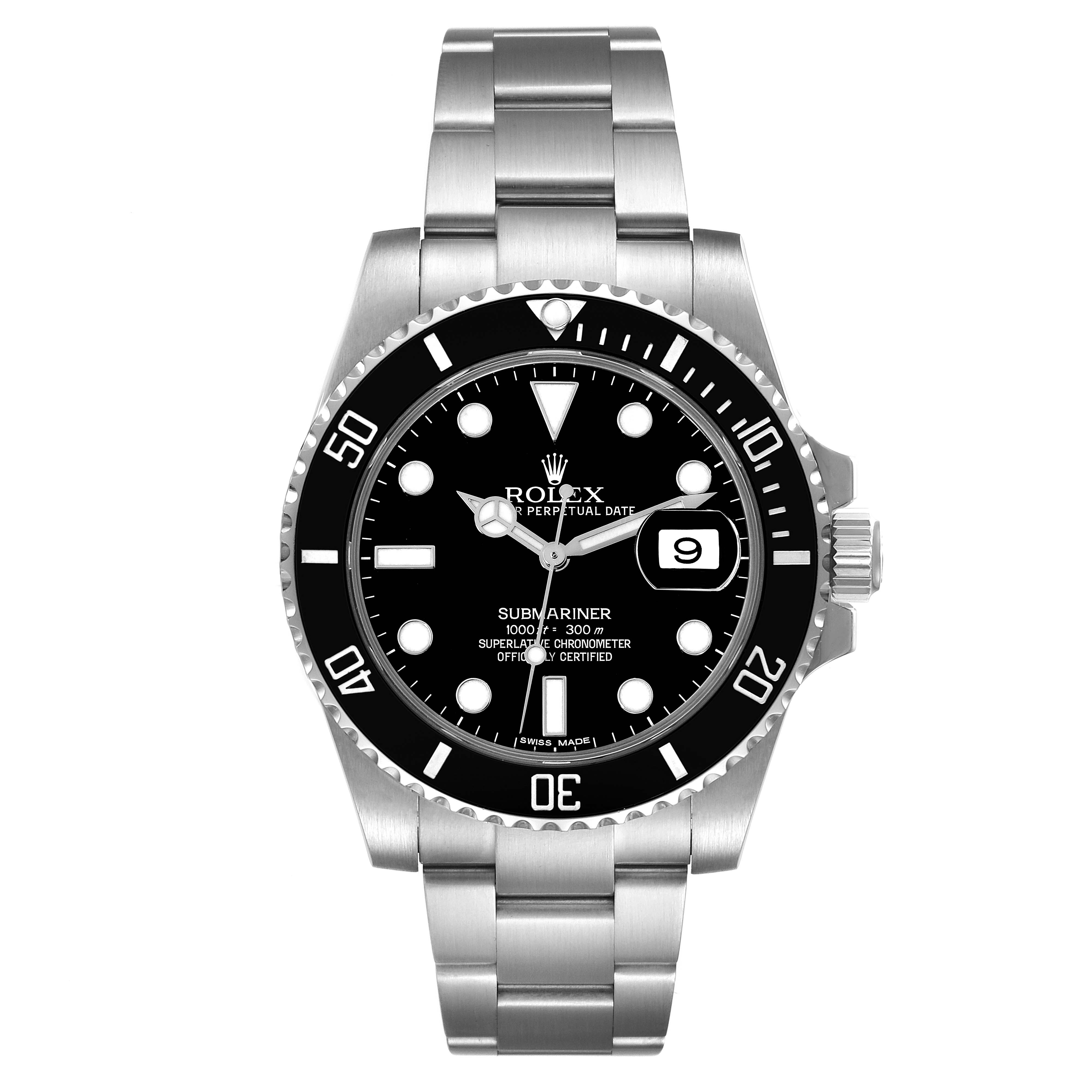 The image shows a front view of the Rolex Submariner 116610 Men
s Stainless Steel Black Dial 116610 Men
s Stainless Steel Black Dial watch, highlighting its face, bezel, and bracelet.